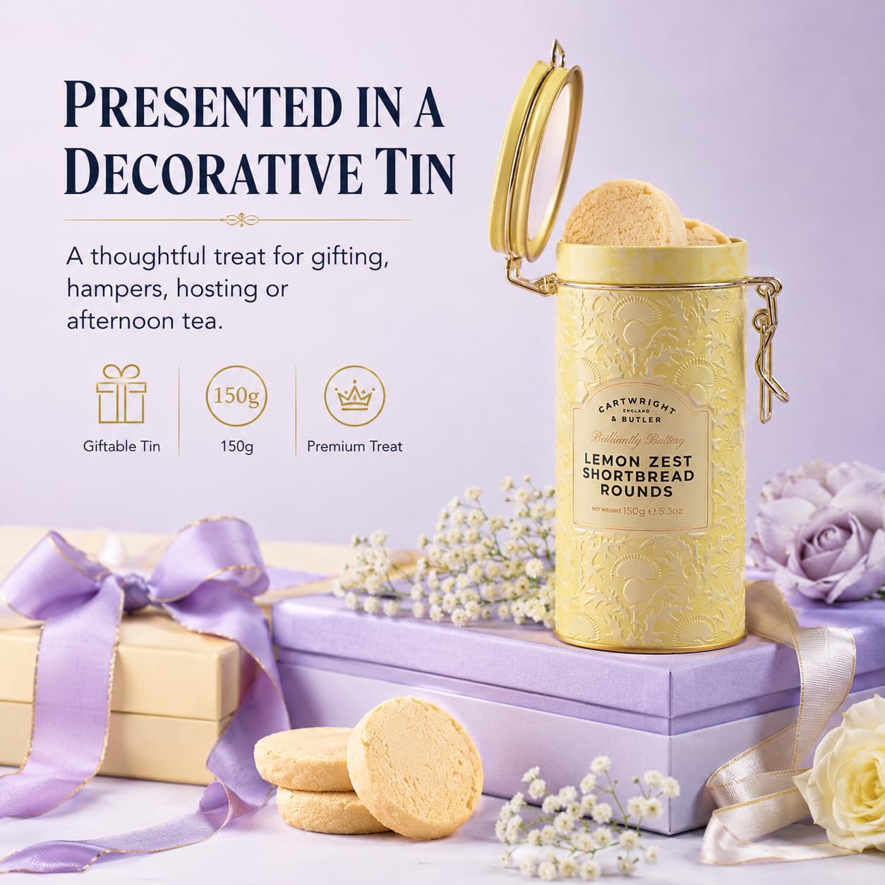 Cartwright & Butler Lemon Zest Shortbread Rounds - Buttery & Crumbly | 150g Tin 4