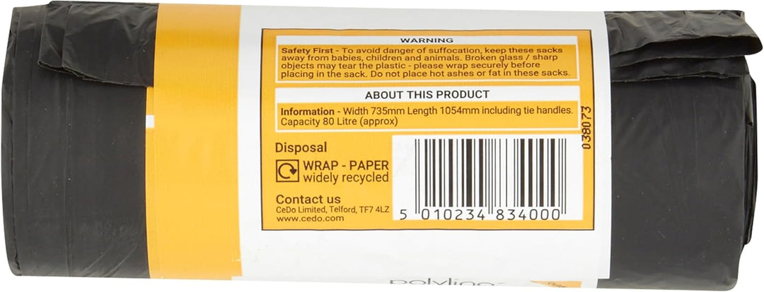 Polylina 10 Pack Tie Handle Refuse Sacks, 80 Litre Black Bin Bags Made from Recycled Plastic
