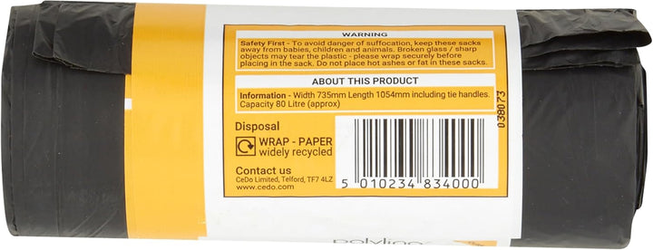 Polylina 10 Pack Tie Handle Refuse Sacks, 80 Litre Black Bin Bags Made from Recycled Plastic