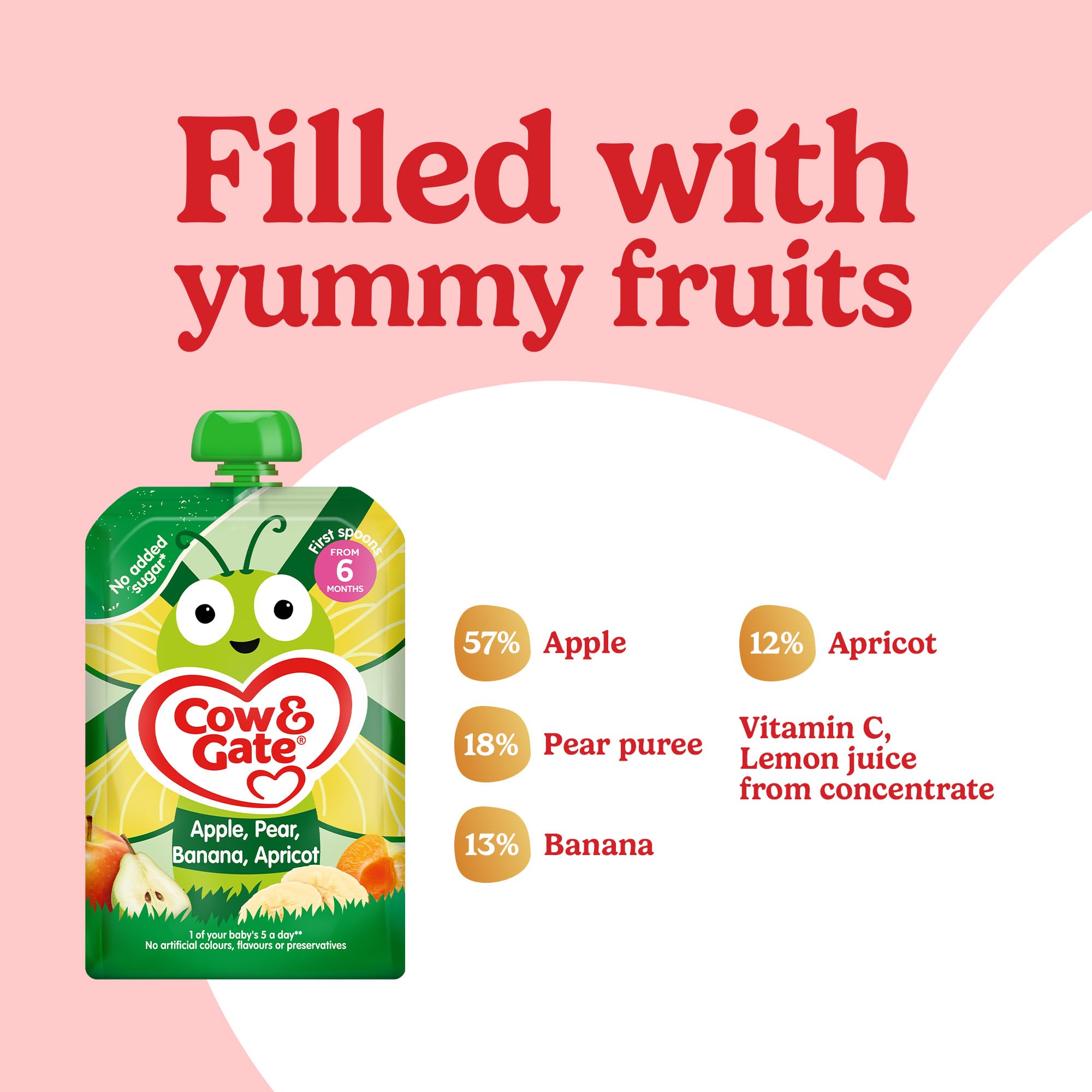 Cow & Gate Fruit Pouch Apple Pear Banana & Apricot Baby Food Snacks, 6x100G, Suitable from 4 Months 3