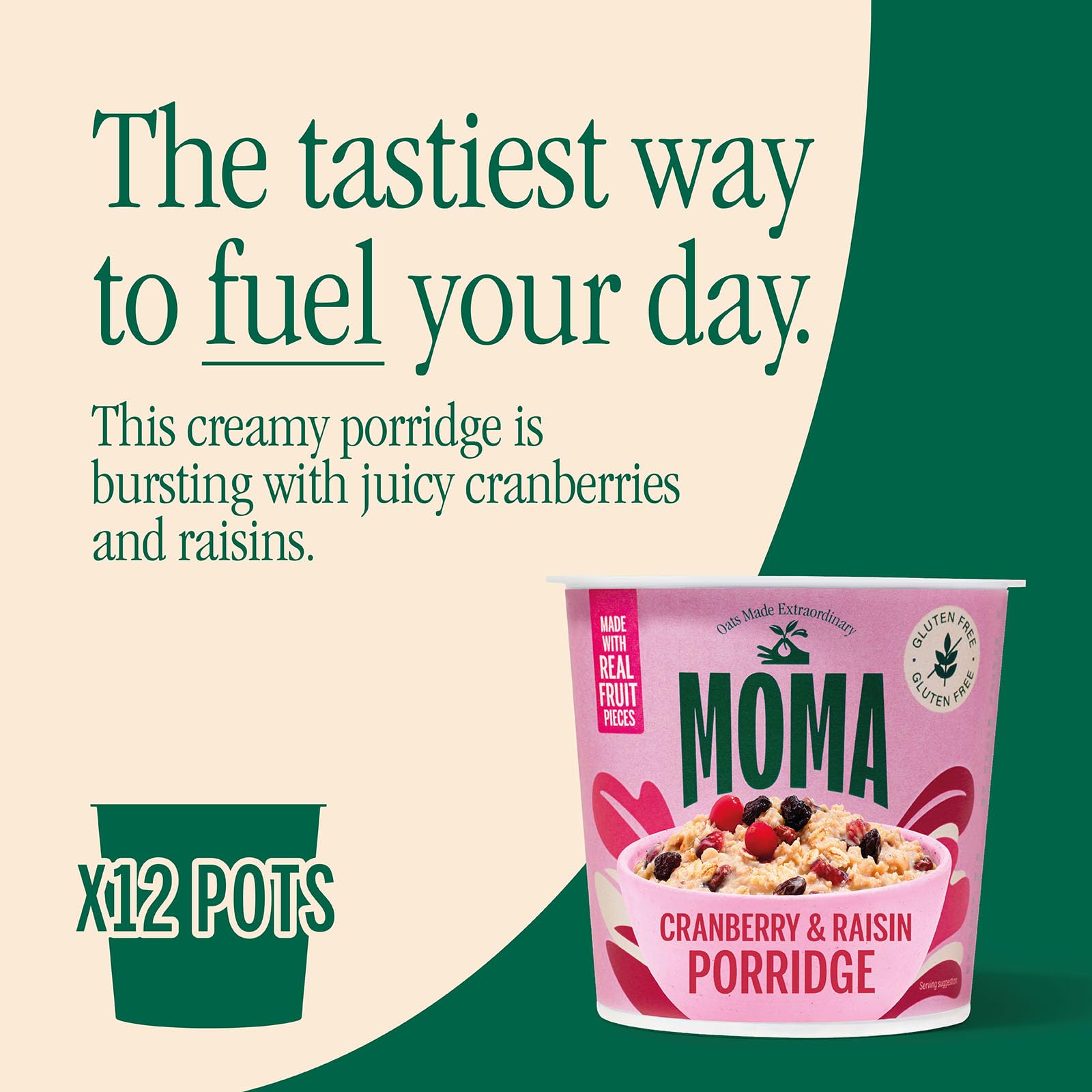 MOMA - Cranberry & Raisin Instant Porridge Pots - Pack of 12 x 70g - Gluten Free, High Fibre, Source of Protein 5