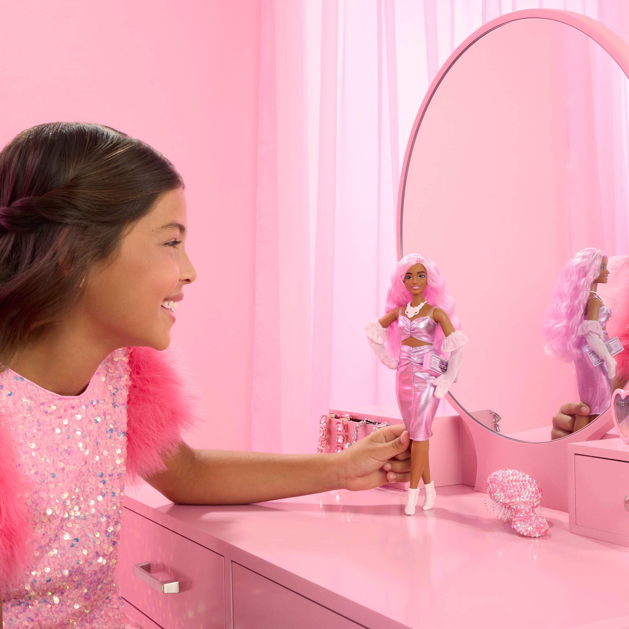 Barbie Deluxe Style Doll in Barbiecore Outfit with Pink Hair and Glossy Pink Dress 4