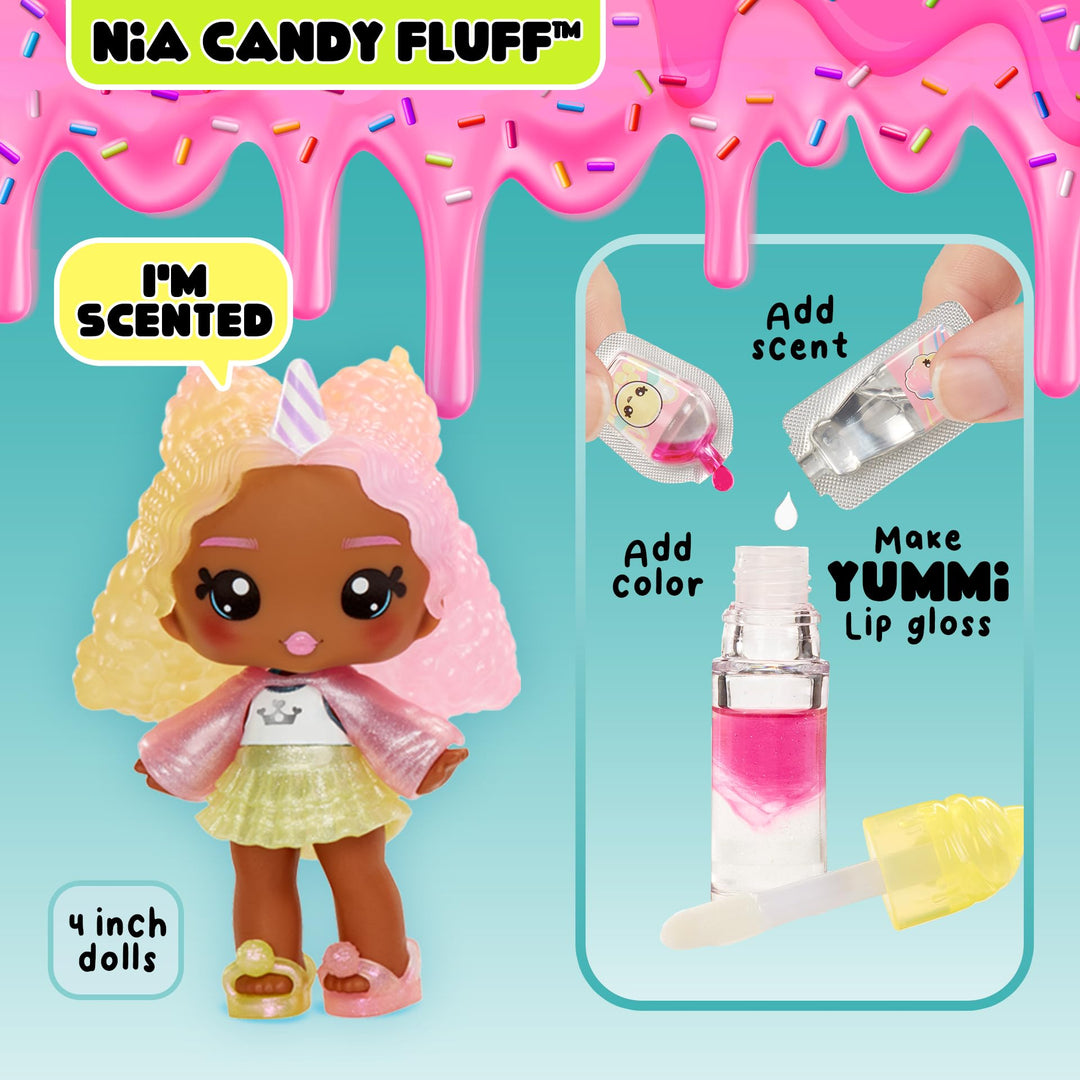 Yummiland Nia Candy Fluff Doll - DIY Lip Gloss Kit with Scented Character & Customizable Fashion