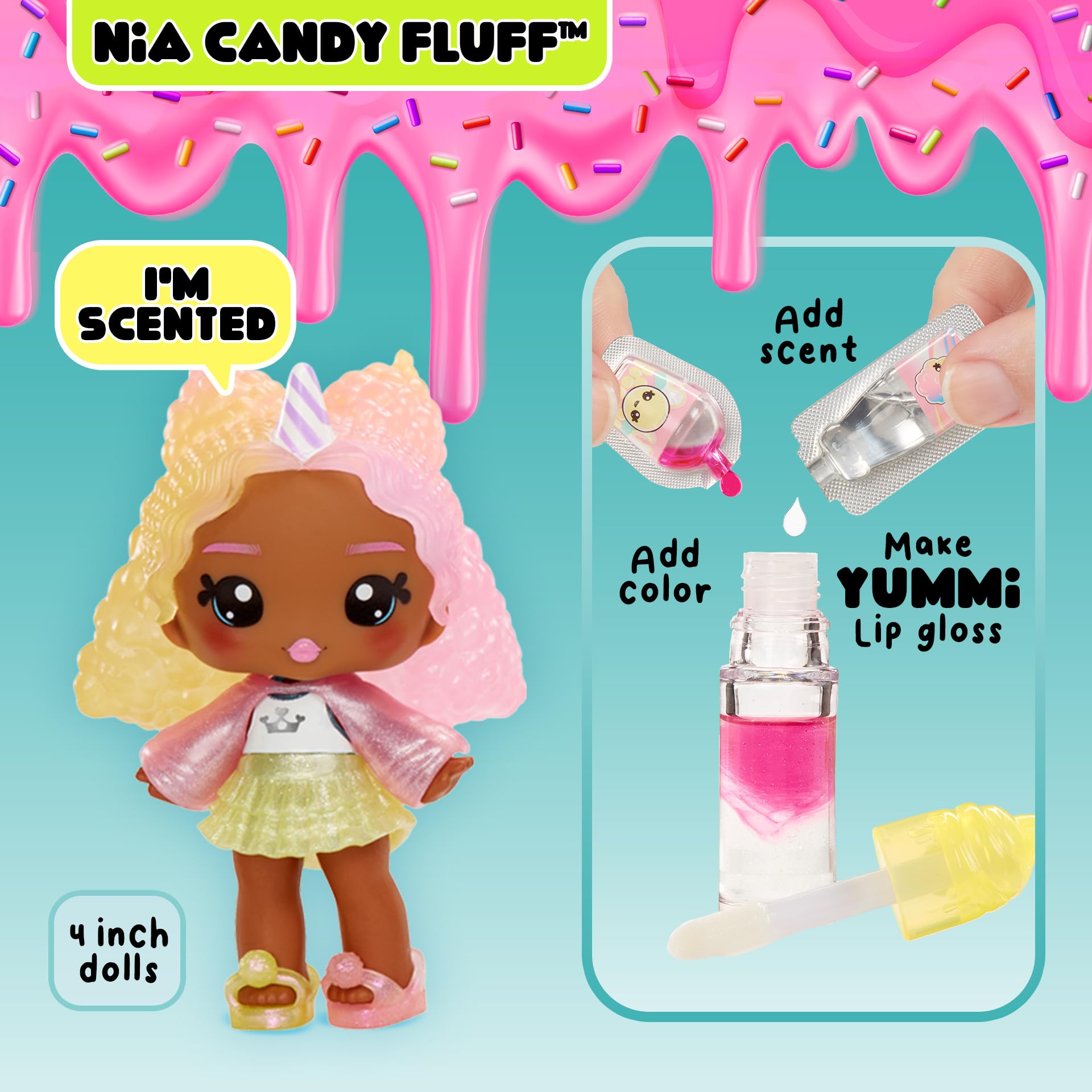 Yummiland Nia Candy Fluff Doll - DIY Lip Gloss Kit with Scented Character & Customizable Fashion 6