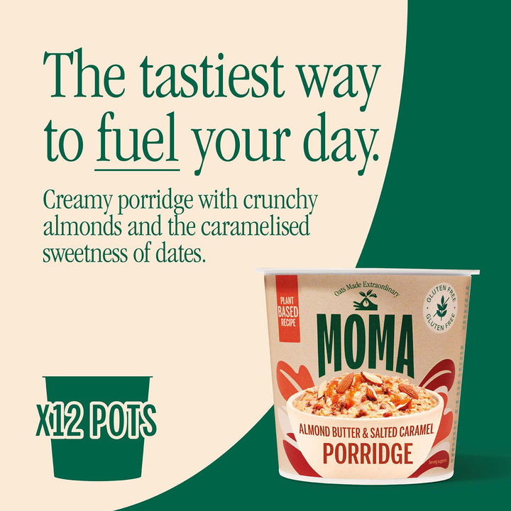 MOMA Almond Butter & Salted Caramel Instant Porridge Pots - Box of 12 x 55g - Gluten Free, Vegan, High in Fibre