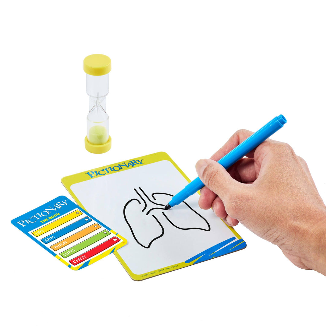 Mattel Games Pictionary Family Board Game for Kids and Adults with Erasable Markers, Boards, Sand Timer, JDX96