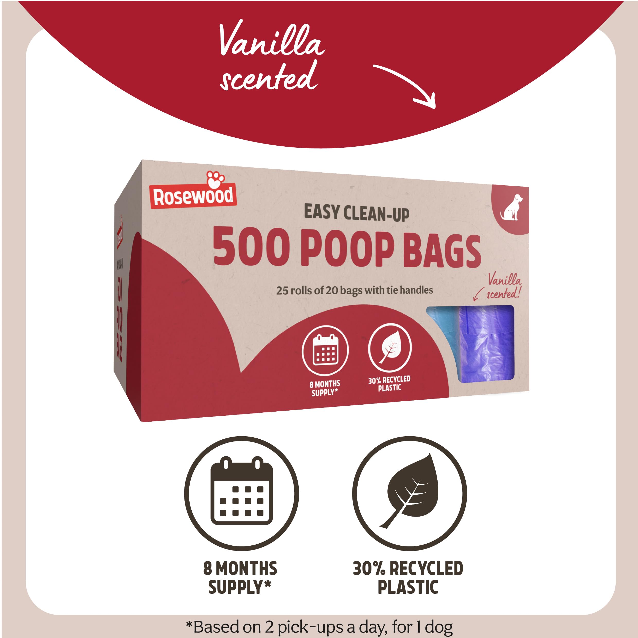 Rosewood Dog Poo Bags with Handles - 500 Bags | Vanilla Scented | Made with Recycled Plastic 3