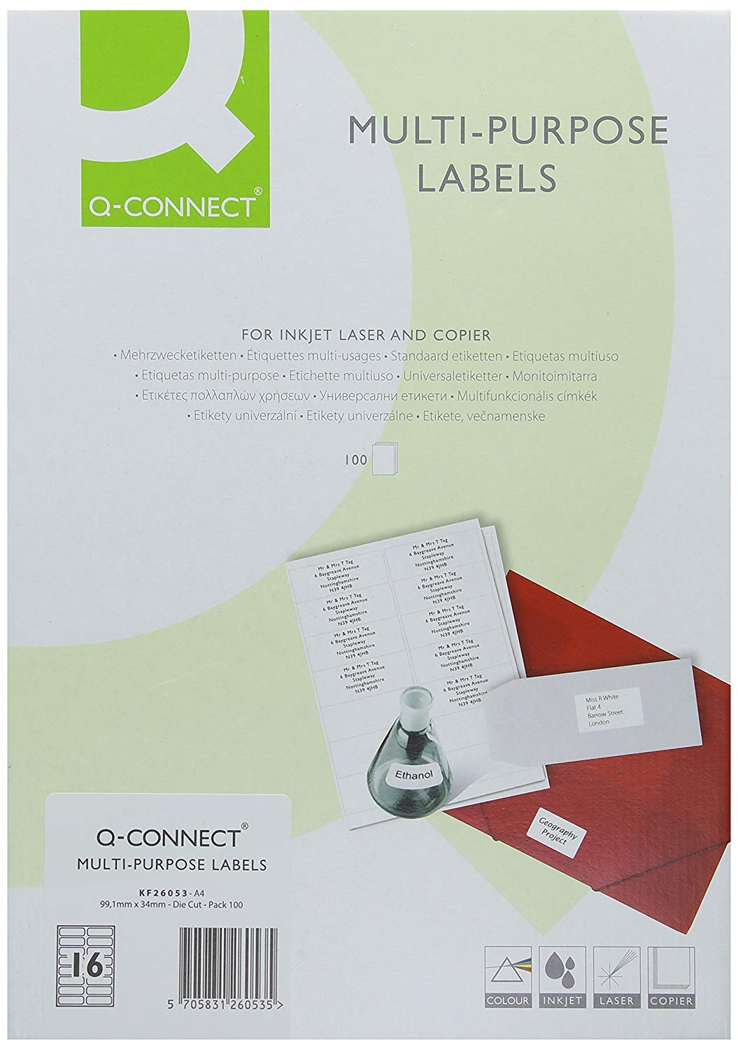 Q-Connect Multipurpose Labels - 99.1x34mm, 16 Per Sheet, White | 1600 Pack (KF26)