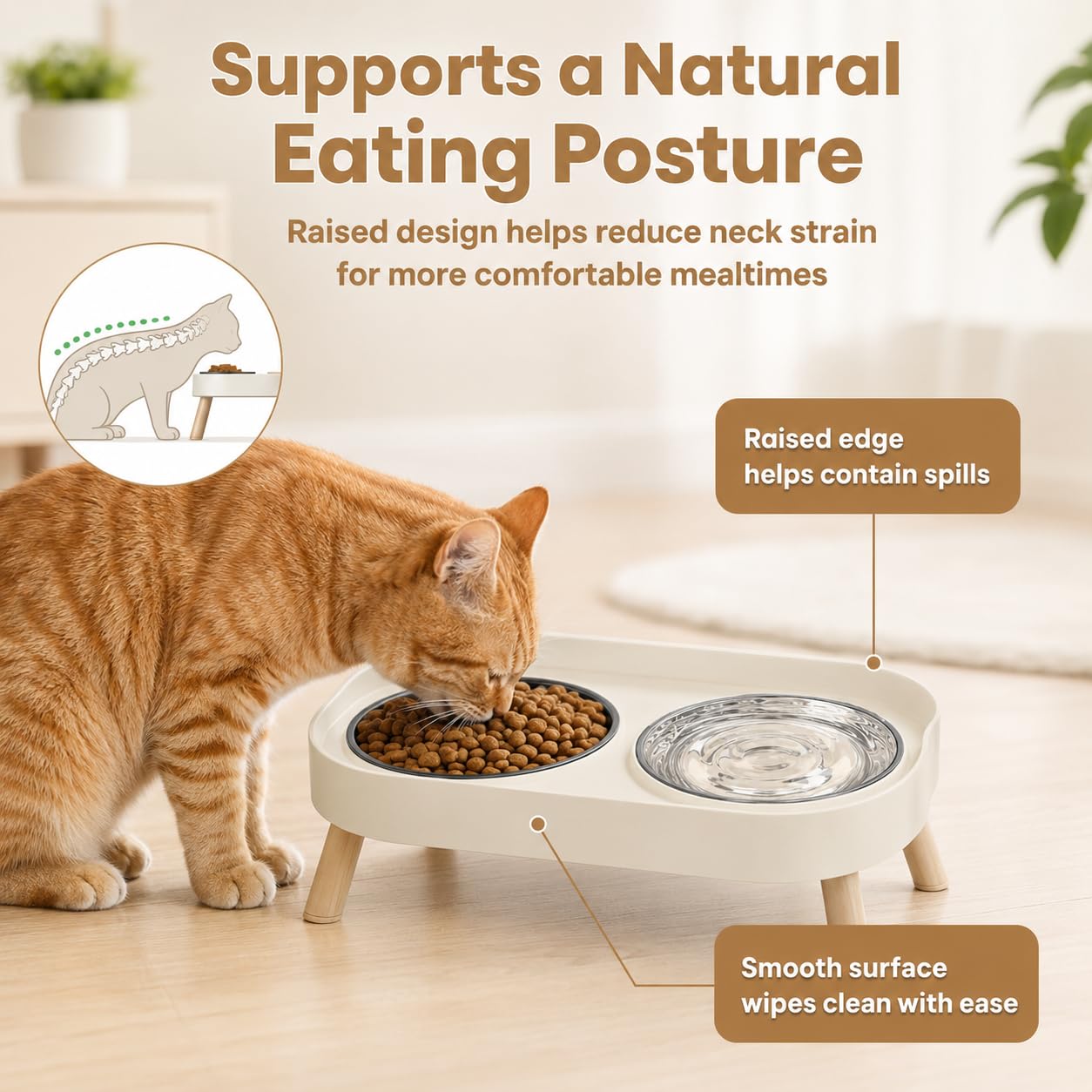 JADUFHU Raised Cat Food Bowls - Dual Stainless Steel Bowls, Splash Proof Design | White 4