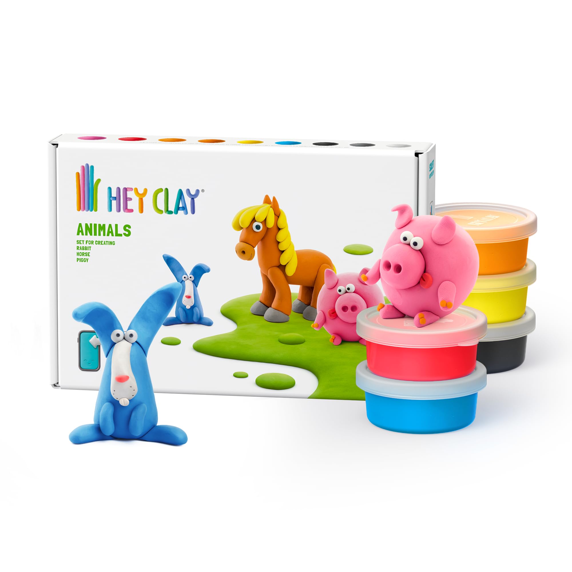 Hey Clay Animals: Piggy, Horse, Rabbit Set - Air Dry Modeling Clay Kit for Kids 3+ 10