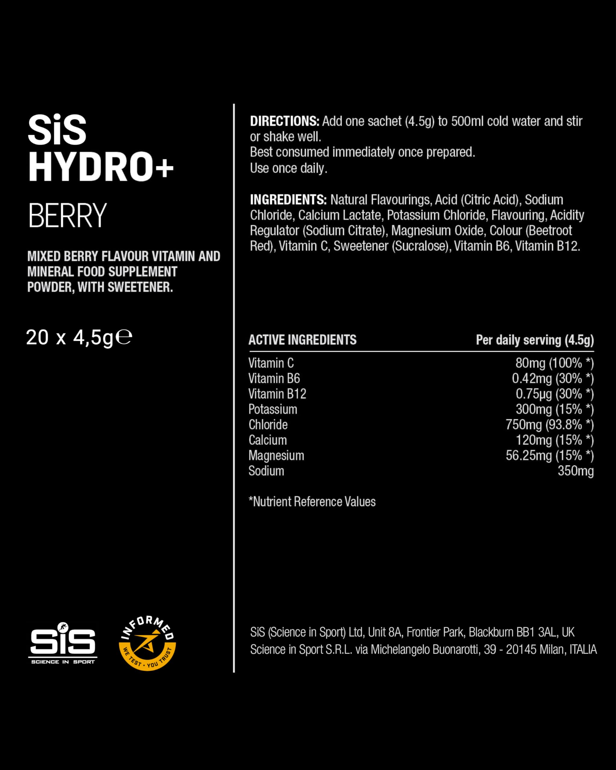 Science in Sport Hydro+ Electrolytes Powder Sachets with 5 Essential Electrolytes | Berry | 20 Servings 5