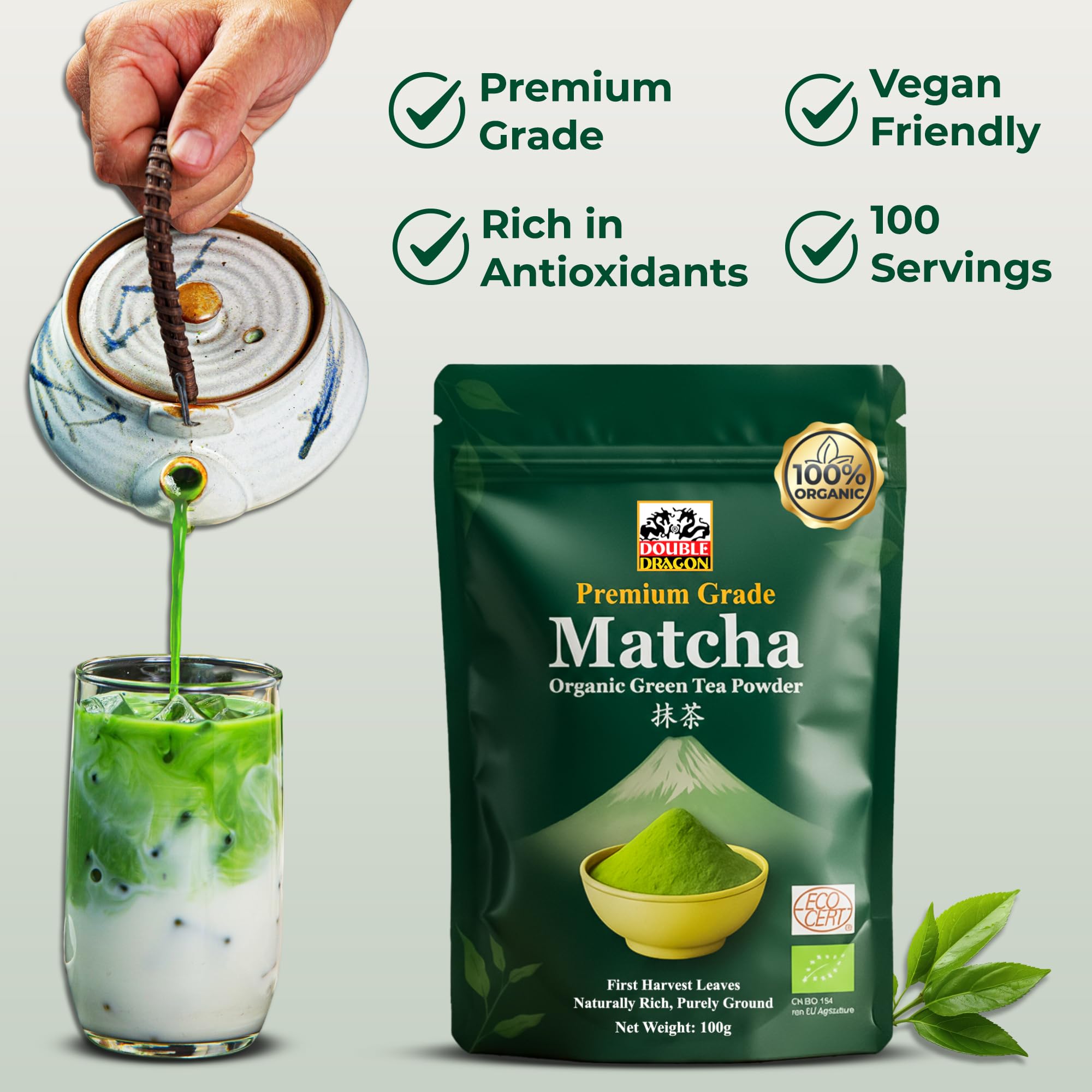 Double Dragon Organic Matcha Green Tea Powder - Premium Grade | 100g | Antioxidant-Rich