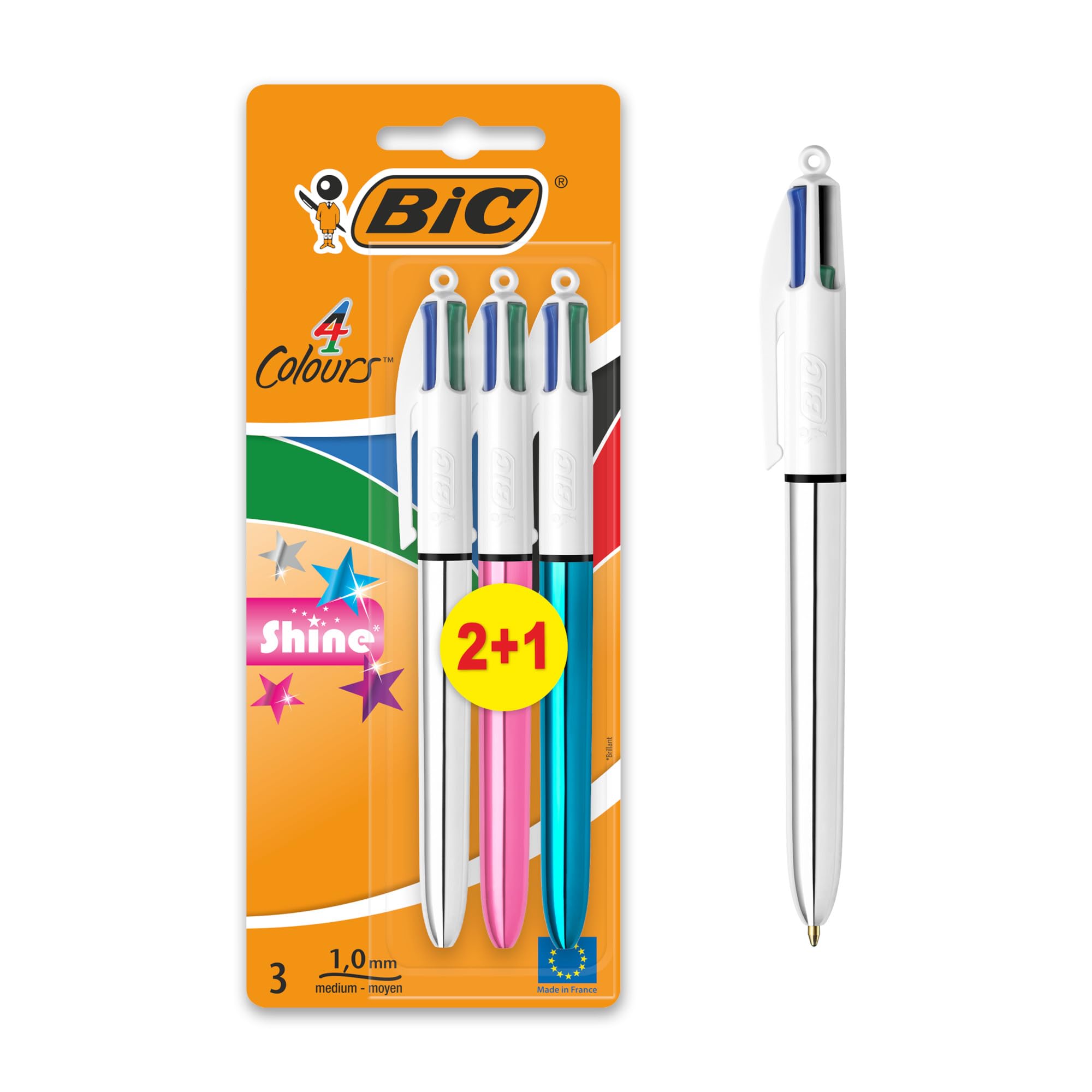 BIC 4 Colours Shine Ballpoint Pens - Medium 1.0mm Point | Metallic Barrels | Pack of 3 1