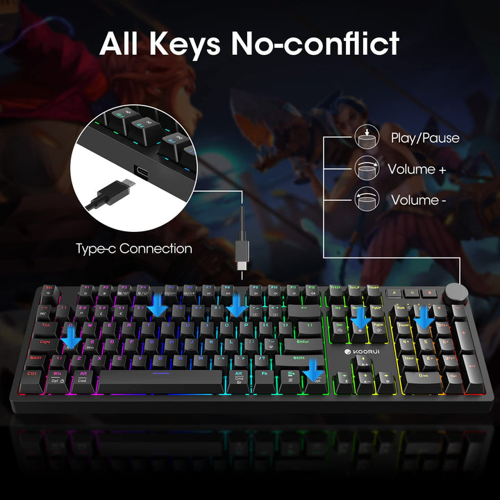 KOORUI MK104-BROWN Mechanical Gaming Keyboard – 104 Keys, 26 RGB Backlighting Effects, Pluggable Brown Switches, Anti-Ghosting, Wired for PC & Mac