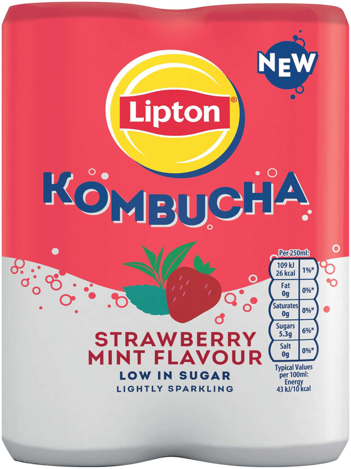 Lipton Kombucha Strawberry & Mint Flavored Tea Drink, 250ml (Pack of 4)