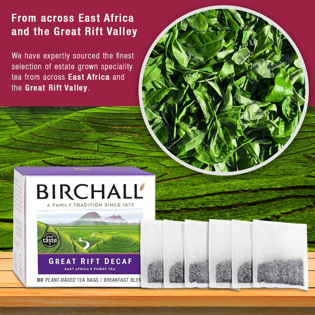 Birchall Great Rift Decaf Blend Tea Bags, English Breakfast Tea, 80 Plant-Based Biodegradable Tea Bags, Rainforest Alliance Certified