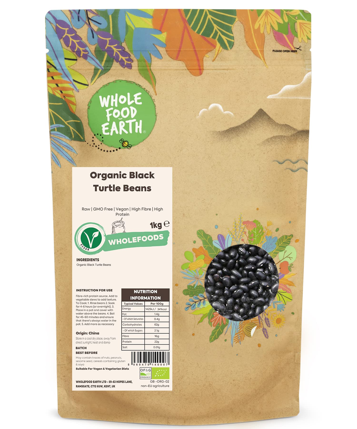 Wholefood Earth Organic Black Turtle Beans 1kg | GMO Free | Vegan | Raw 1
