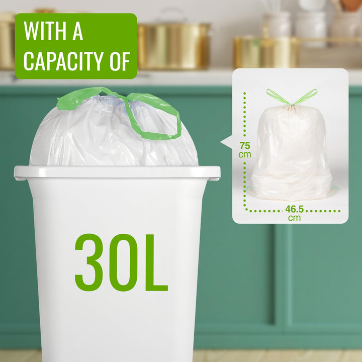 EcoBag 40 Pack White Kitchen Drawstring Bin Liner - 30L - 25 Microns - 232 Model