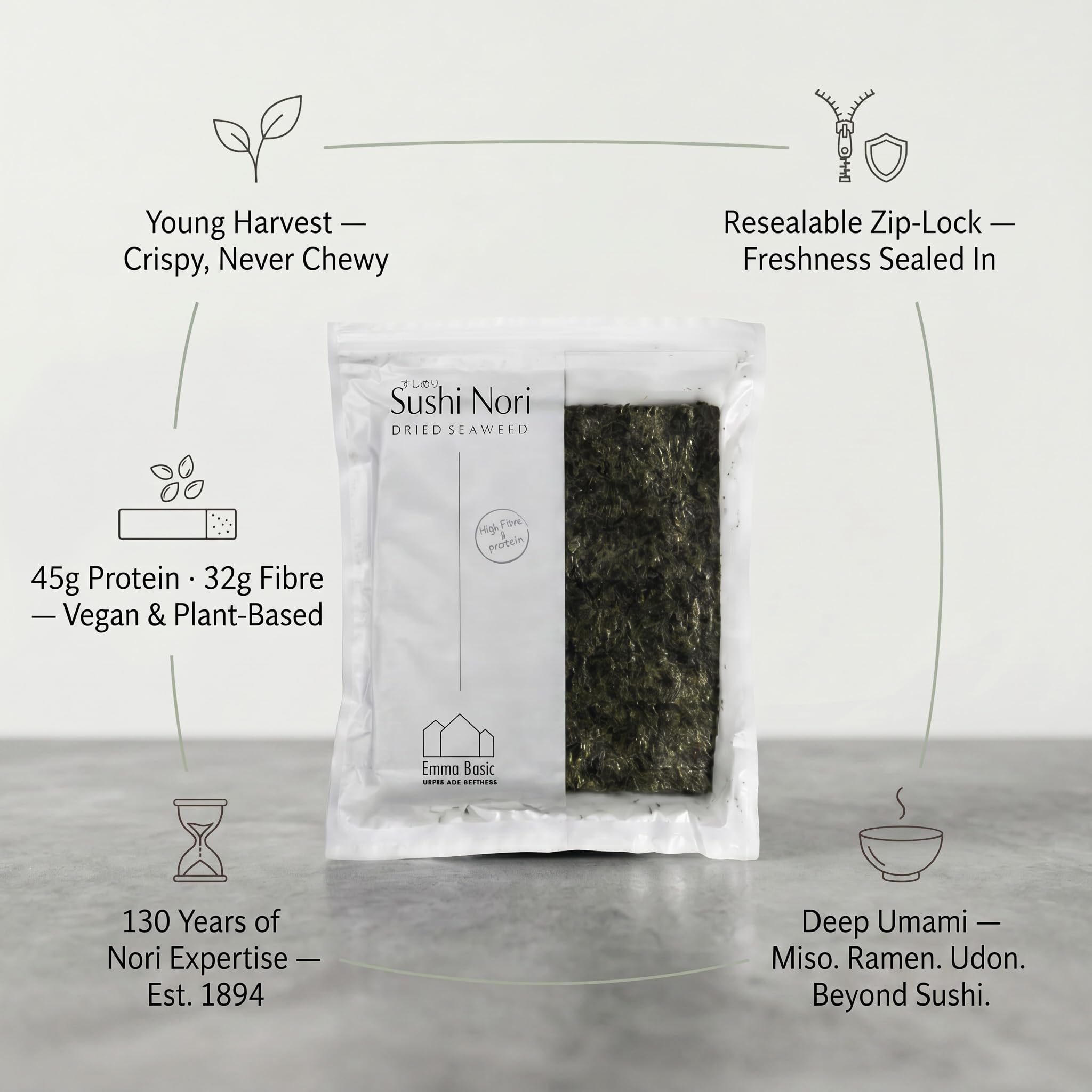 Emma Basic Dried Seaweed Sushi Nori - 40 Full Sheets | High Protein & Fibre | Young & Crunchy 4