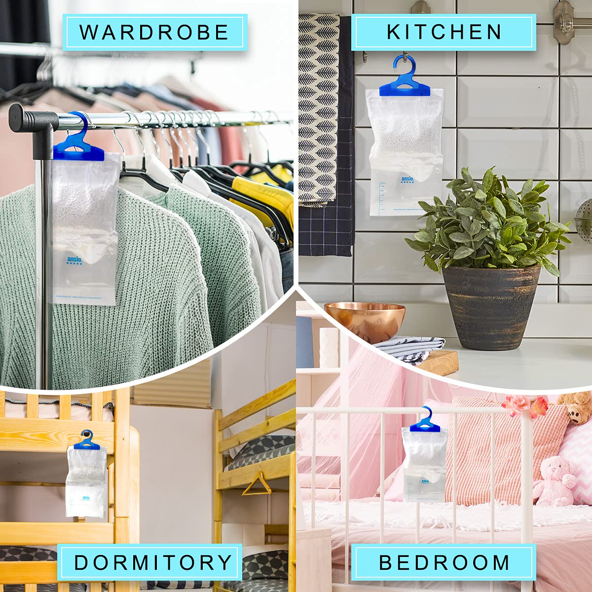 ANSIO Wardrobe Dehumidifier Disposable Hanging Bags - Pack of 3 | Absorbs Damp & Condensation 6