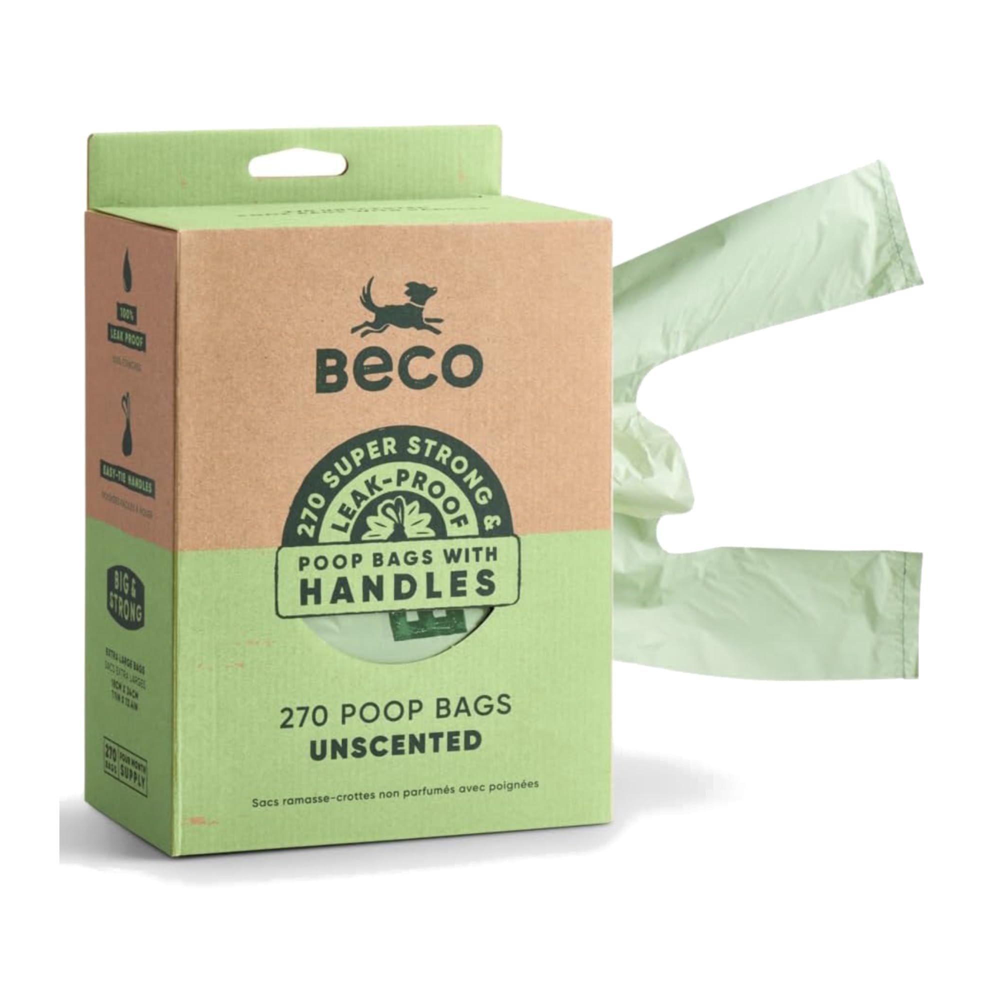 Beco Dog Poo Bags - Strong, Leakproof & Large Handles | 270 Count Unscented Bags
