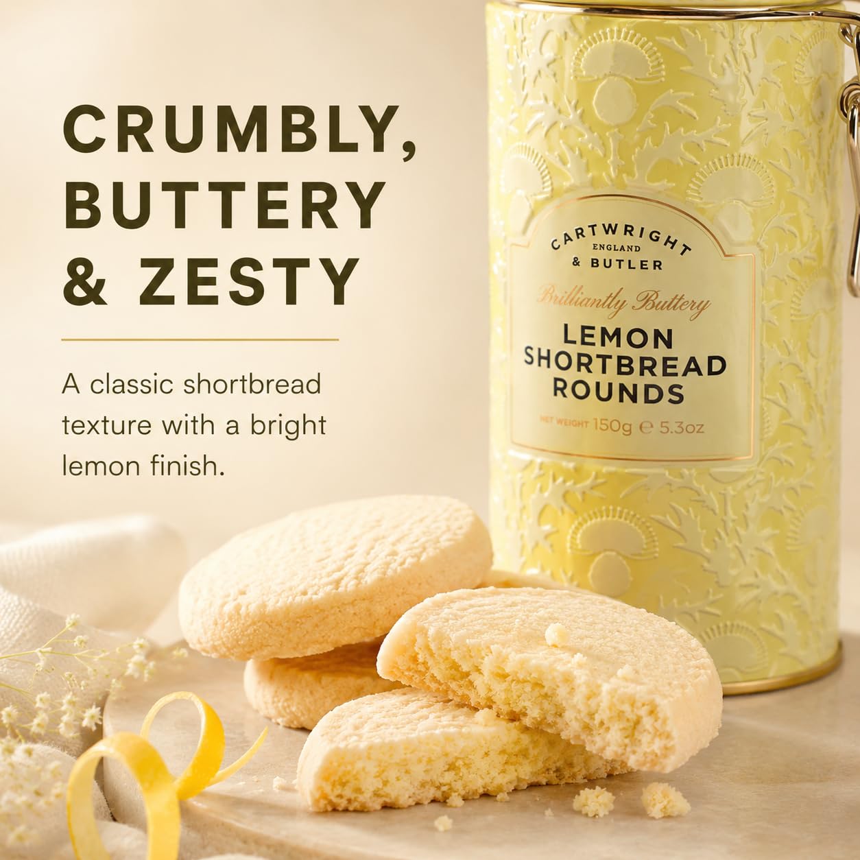 Cartwright & Butler Lemon Zest Shortbread Rounds - Buttery & Crumbly | 150g Tin 3