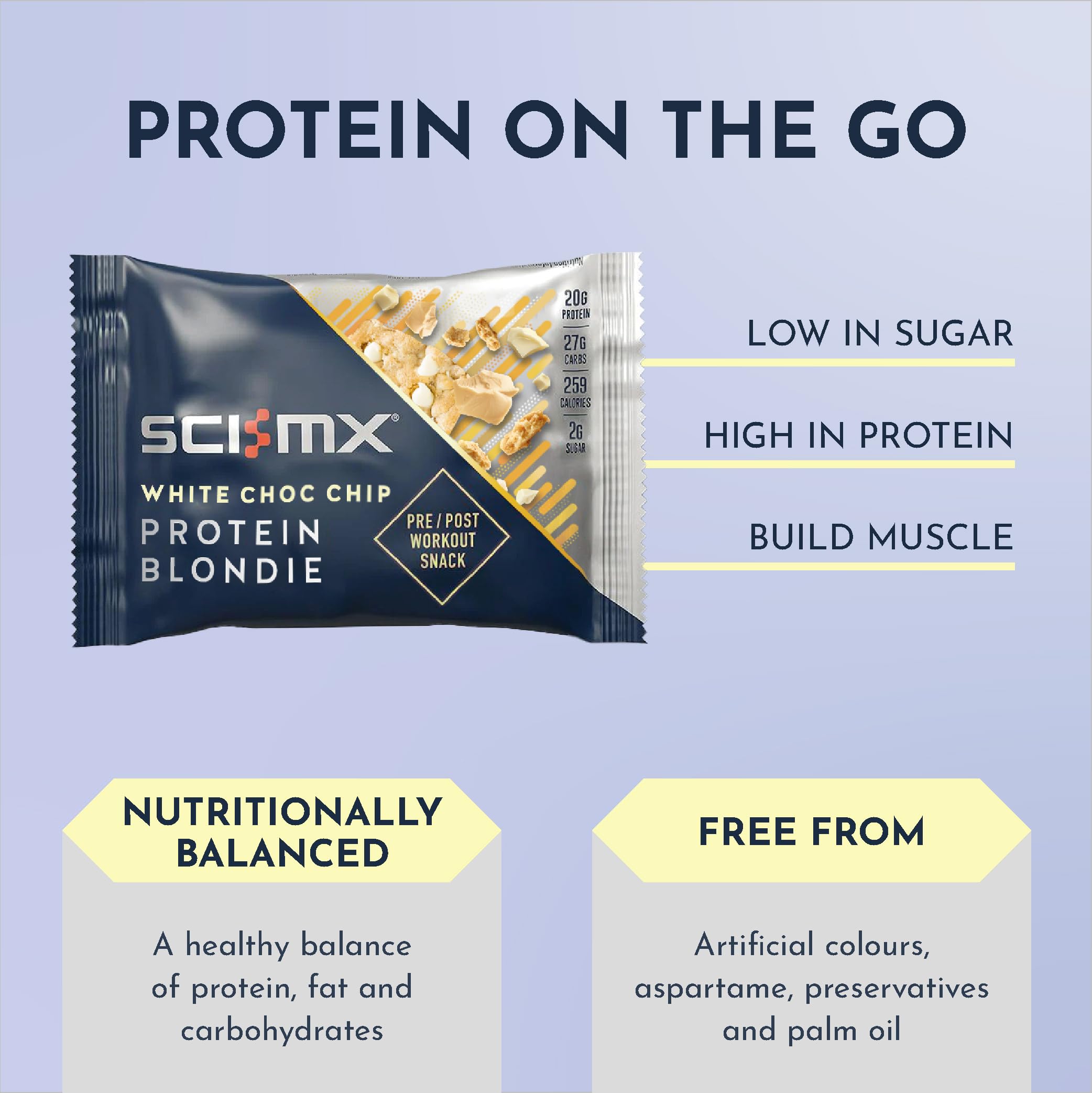SCI-MX High Protein White Choc Chip Blondie Box - 20g Protein, 2g Sugar | 12 Count