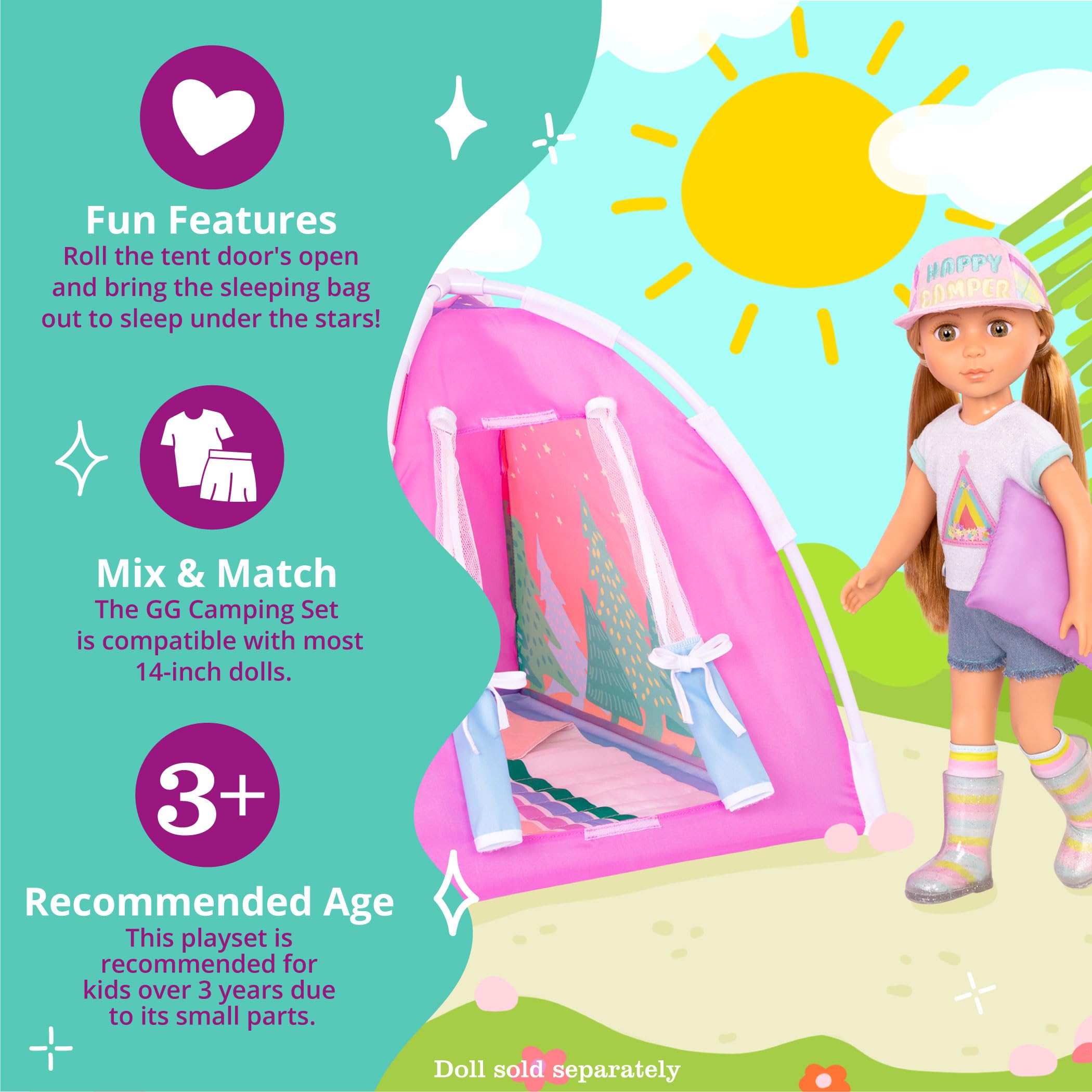 Glitter Girls Camping Set - 14-Inch Doll Play Tent with Rainbow Sleeping Bag & Pillow - 3+ Years 2