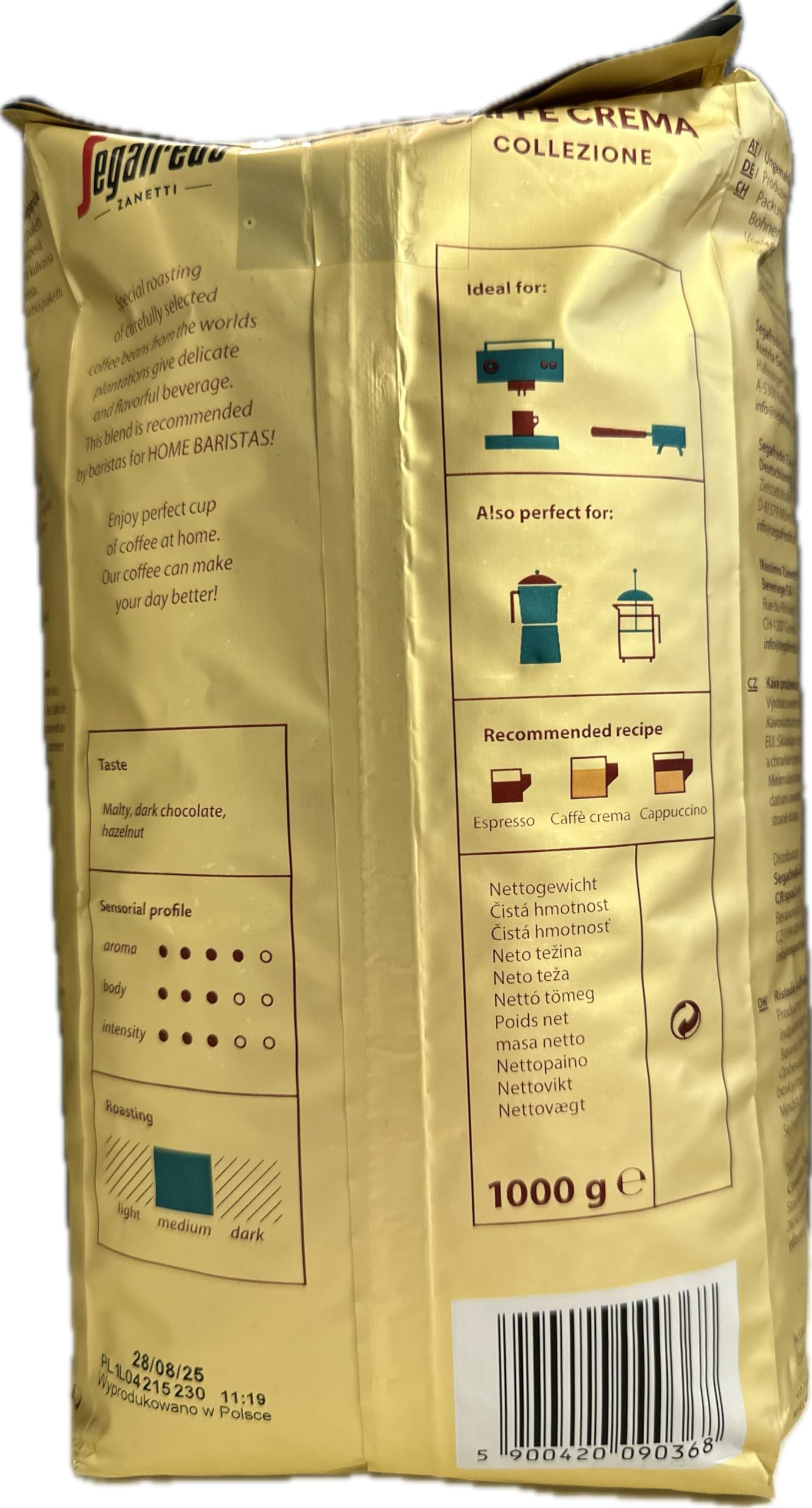 Segafredo Zanetti Caffè Crema Collezione Roasted Whole Coffee Beans 1kg Pack 2