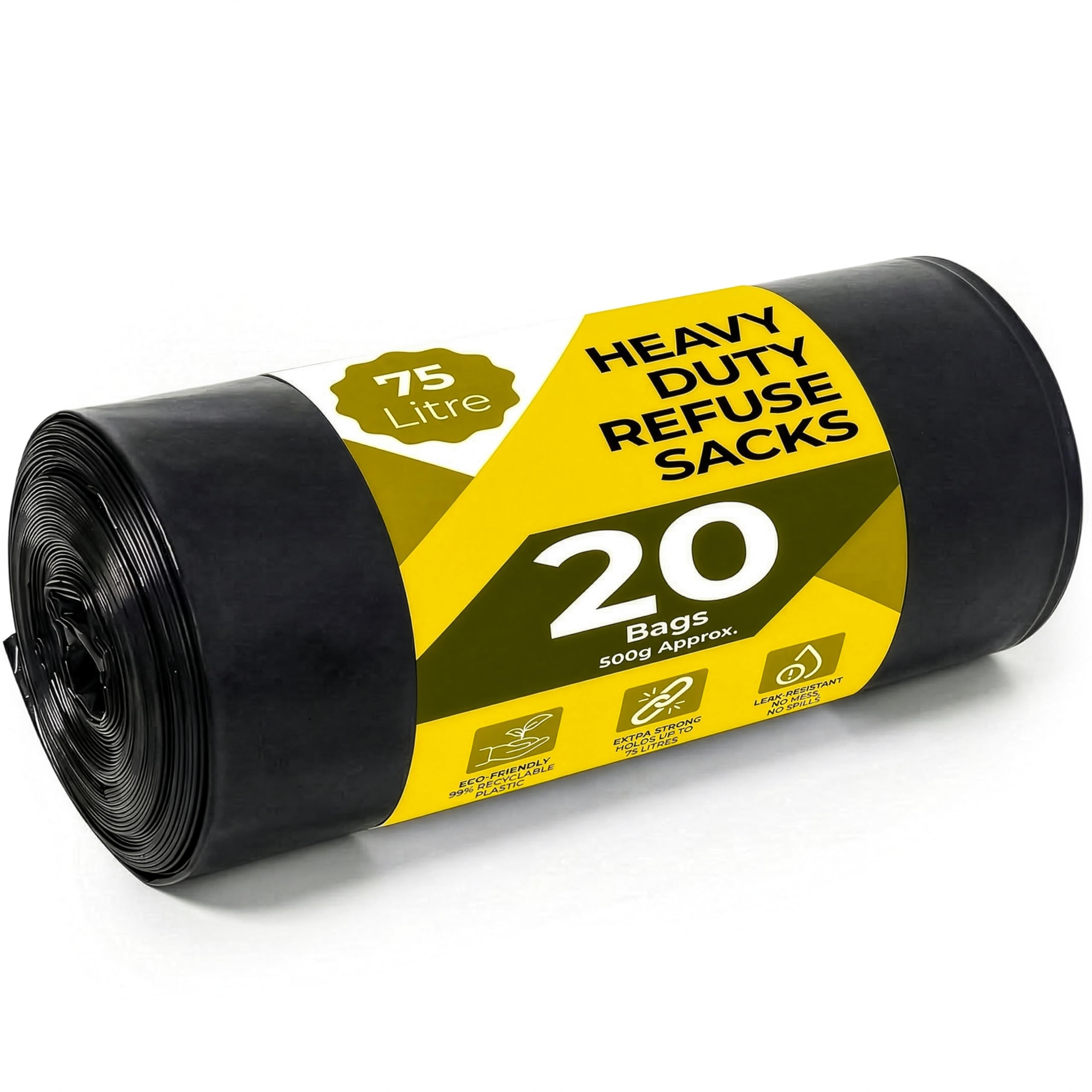 Roe Tenpo Black Bin Bags - 20 Pack, 75L Capacity, 30 Micron Strength | Recyclable