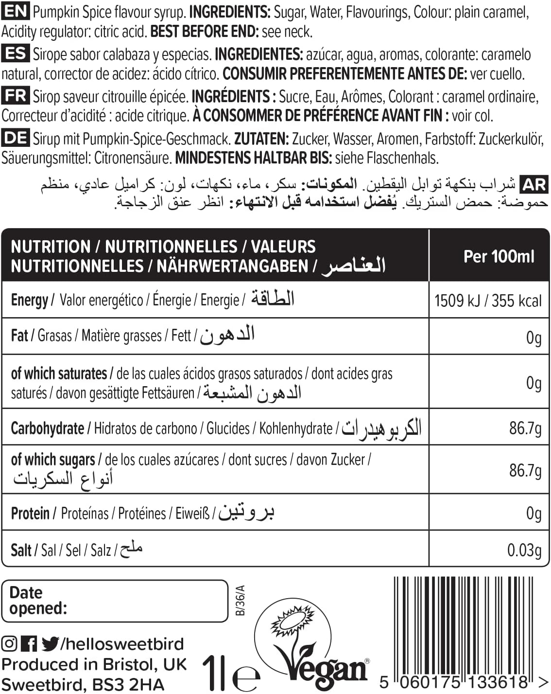 Sweetbird - Pumpkin Spice Syrup (1 Litre) 7