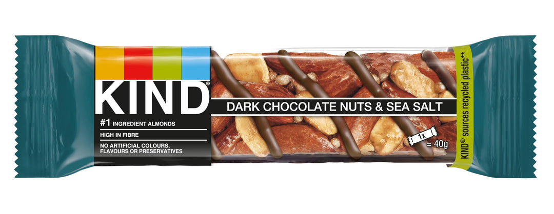 KIND - Dark Chocolate Nuts & Sea Salt Gluten Free Snack Bars, High Fibre, No Artificial Ingredients, 12 x 40g