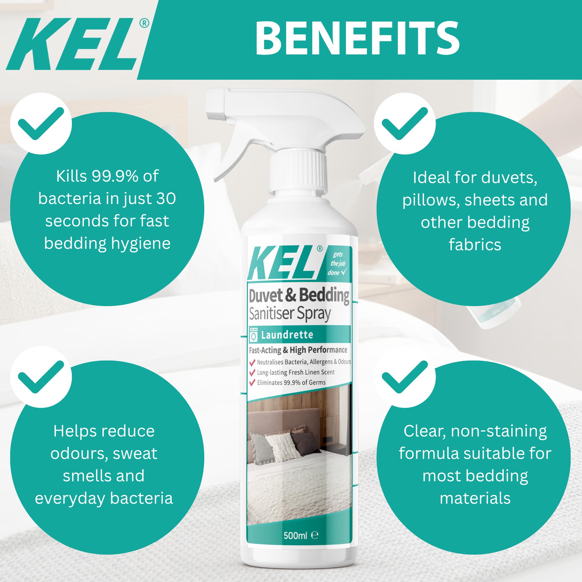 KEL Fast-Acting Duvet & Bedding Sanitiser Spray - Eliminates 99.9% of Germs | 500ml | Linen Scent 3