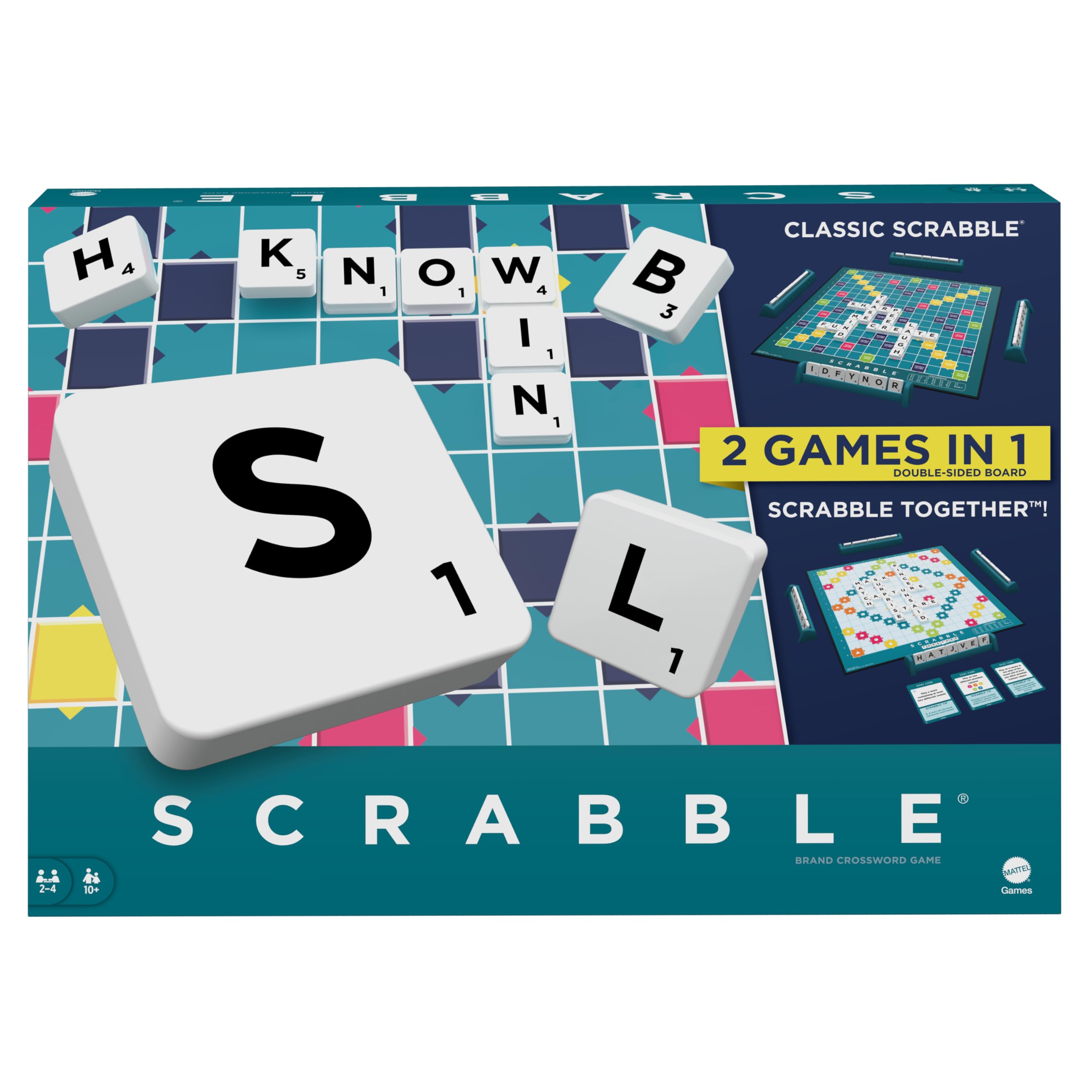 Mattel Games Scrabble-Brettspiel mit zwei Spielmöglichkeiten – doppelseitiges Brett und 50 Zielkarten – UK-Version (HWD43)