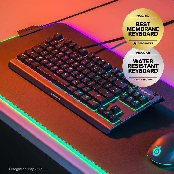 SteelSeries Apex 3 TKL RGB Gaming Keyboard - Tenkeyless Compact Design - IP32 Water & Dust Resistant - English QWERTY - Black