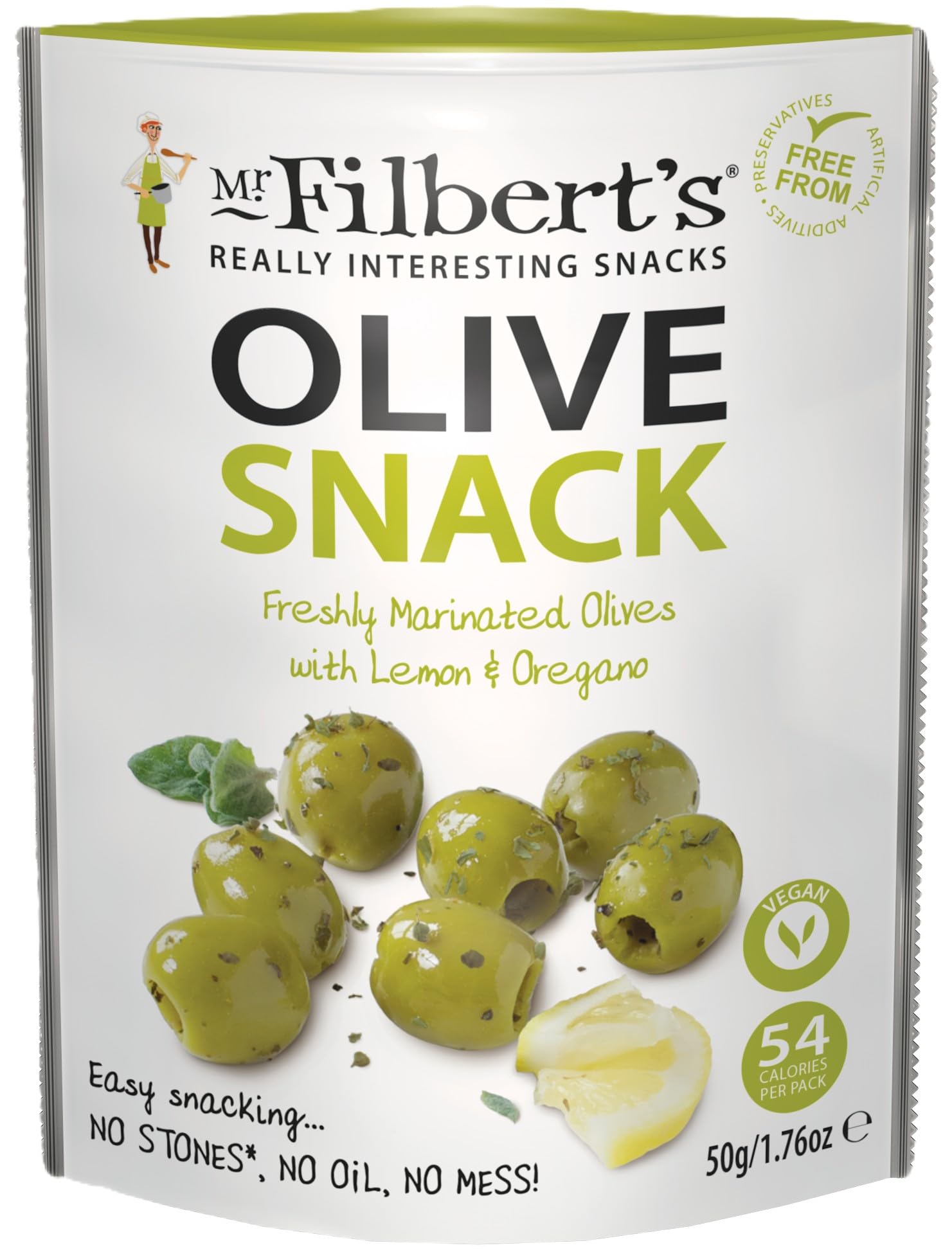 Mr Filbert's Greek Halkidiki Olives with Lemon and Oregano - Vegan Friendly | 12 x 50g Pack 1