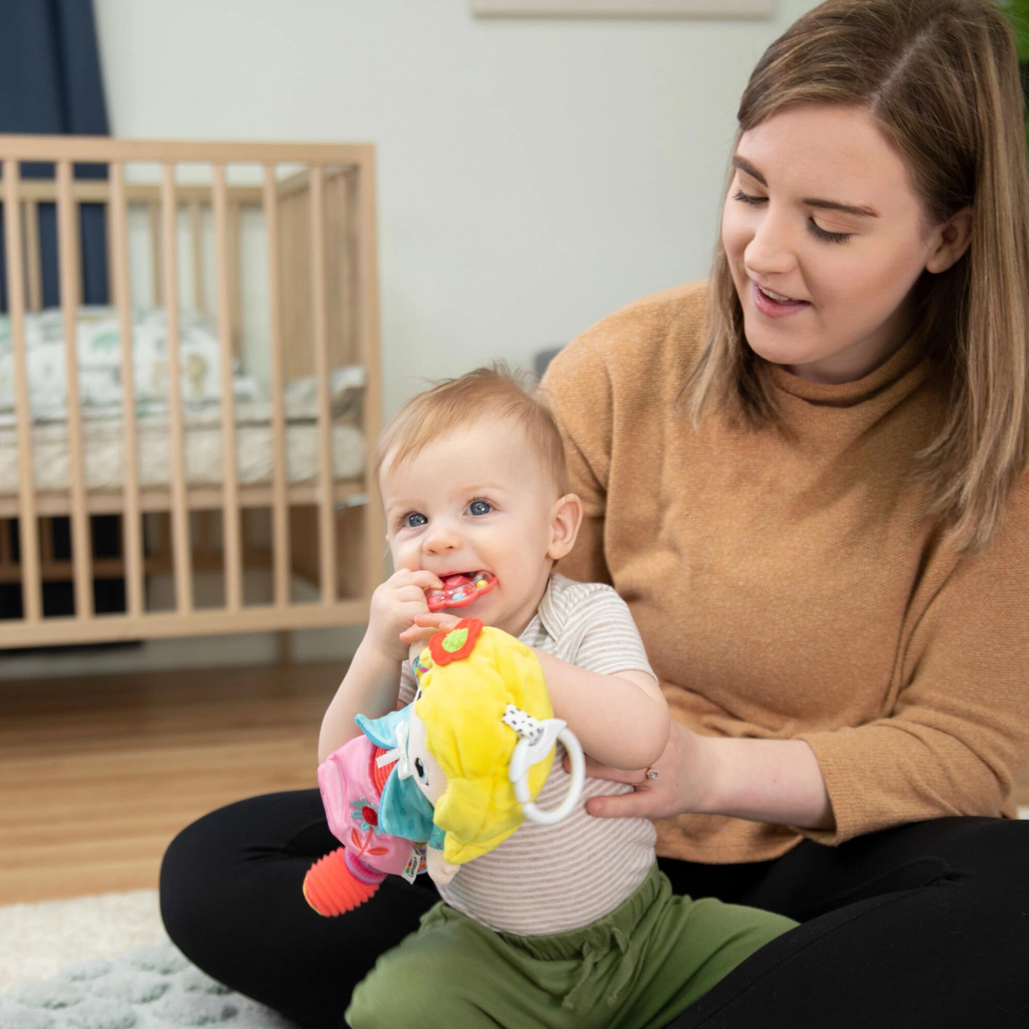 Lamaze My Friend Olivia Clip & Go Pram Toy - Soft Sensory Doll with Rattle and Crinkle Features for Babies 0-6 Months 5