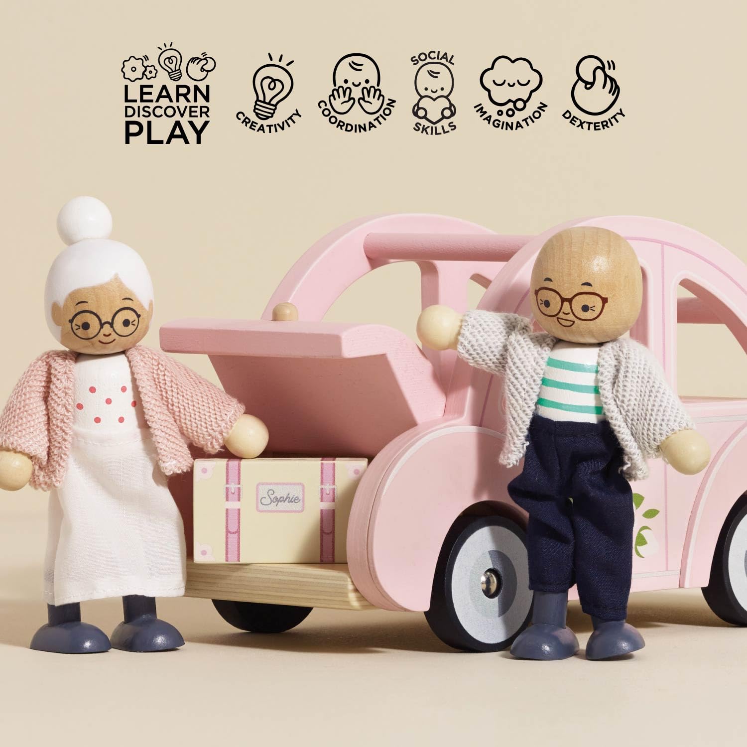 Le Toy Van Sophie's Car Play Set - Wooden Dollhouse Furniture | Pink, Ages 2+ 3