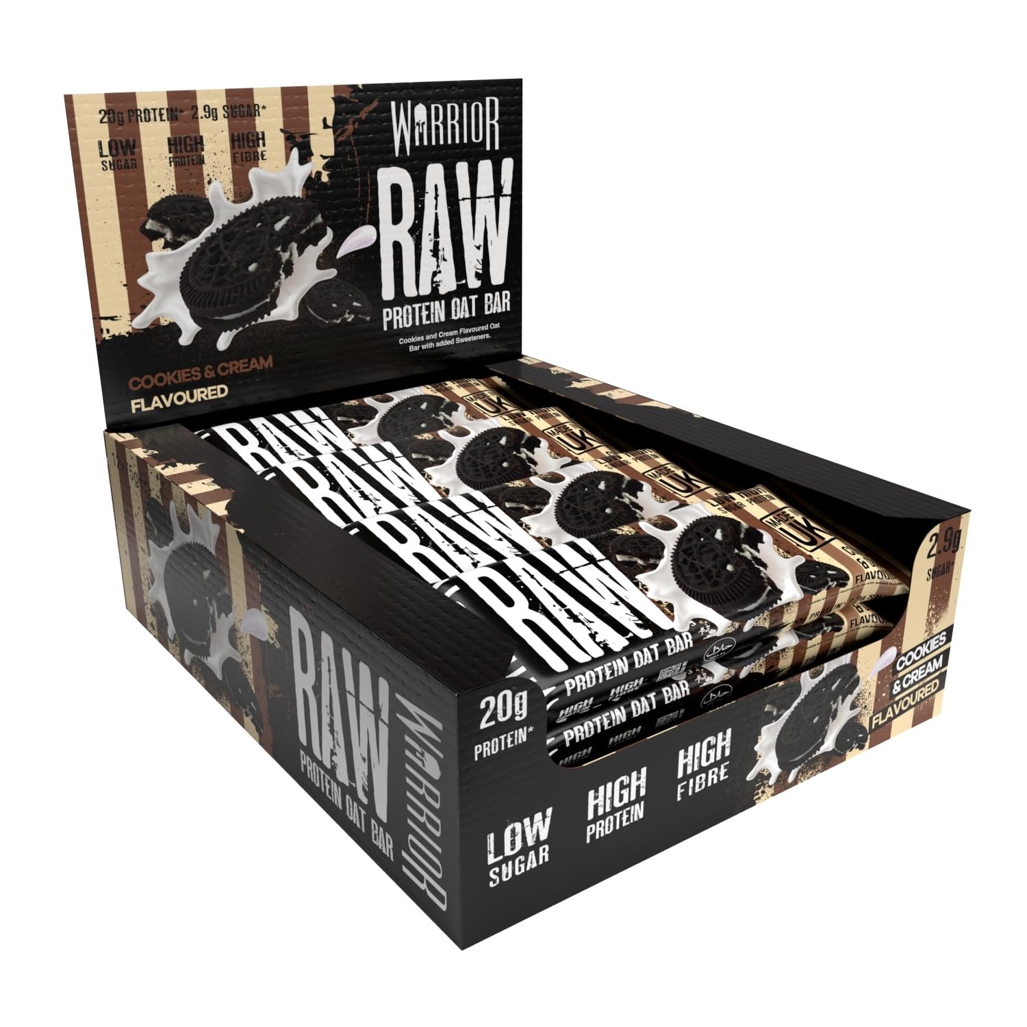 Warrior Raw Proteinriegel – 12 x 75 g Cookies &amp; Cream Proteinreiche Hafer-Flapjacks – Wenig Zucker, viel Ballaststoffe – Hergestellt in Großbritannien