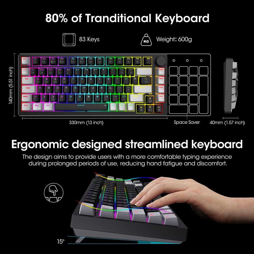 KOORUI MK082 82-Key Mechanical Gaming Keyboard - RGB Backlit, Wireless/Wired, Red Switch