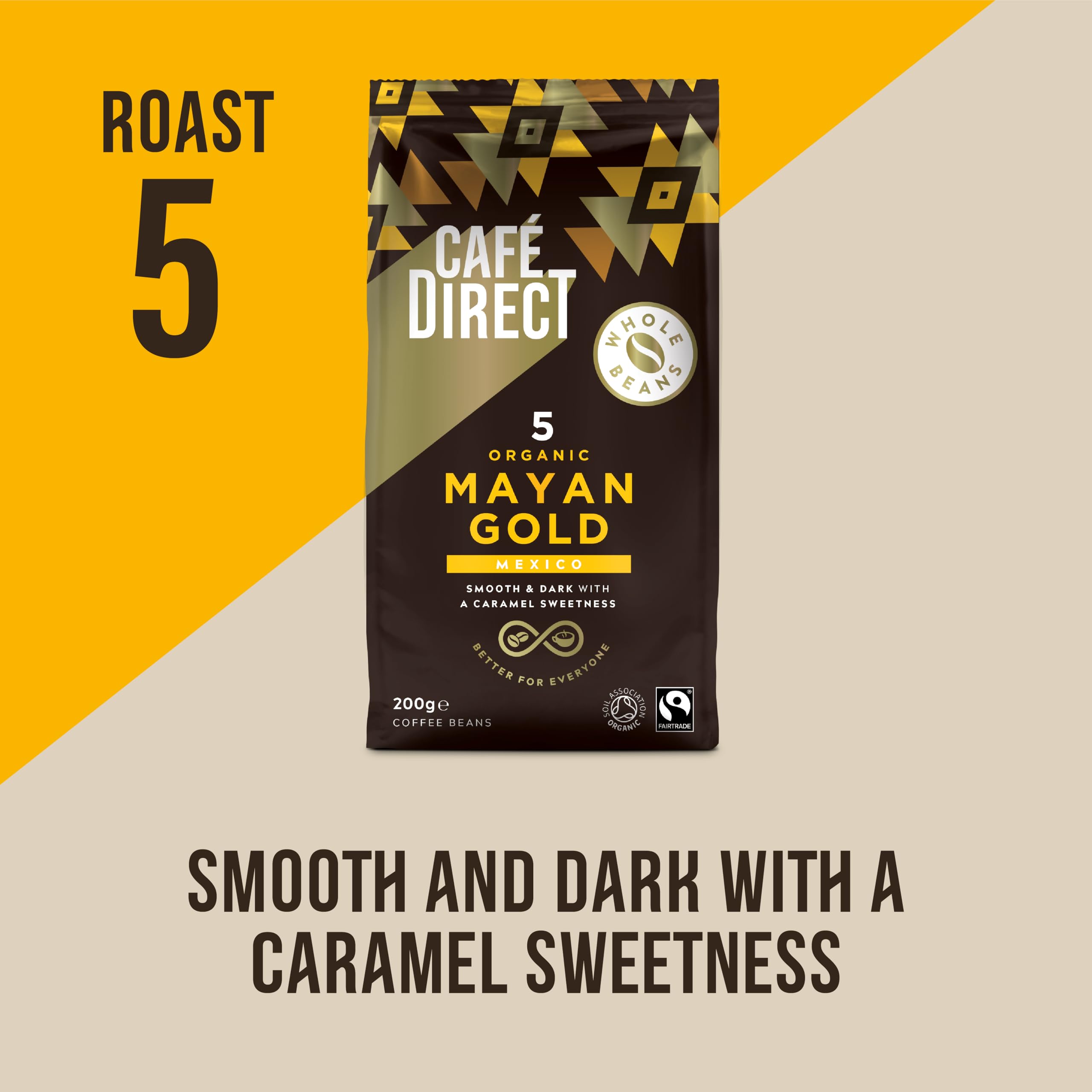 Café Direct Mayan Gold Organic Whole Coffee Beans - Dark Roast, Caramel Notes | 200g Pack of 6 2