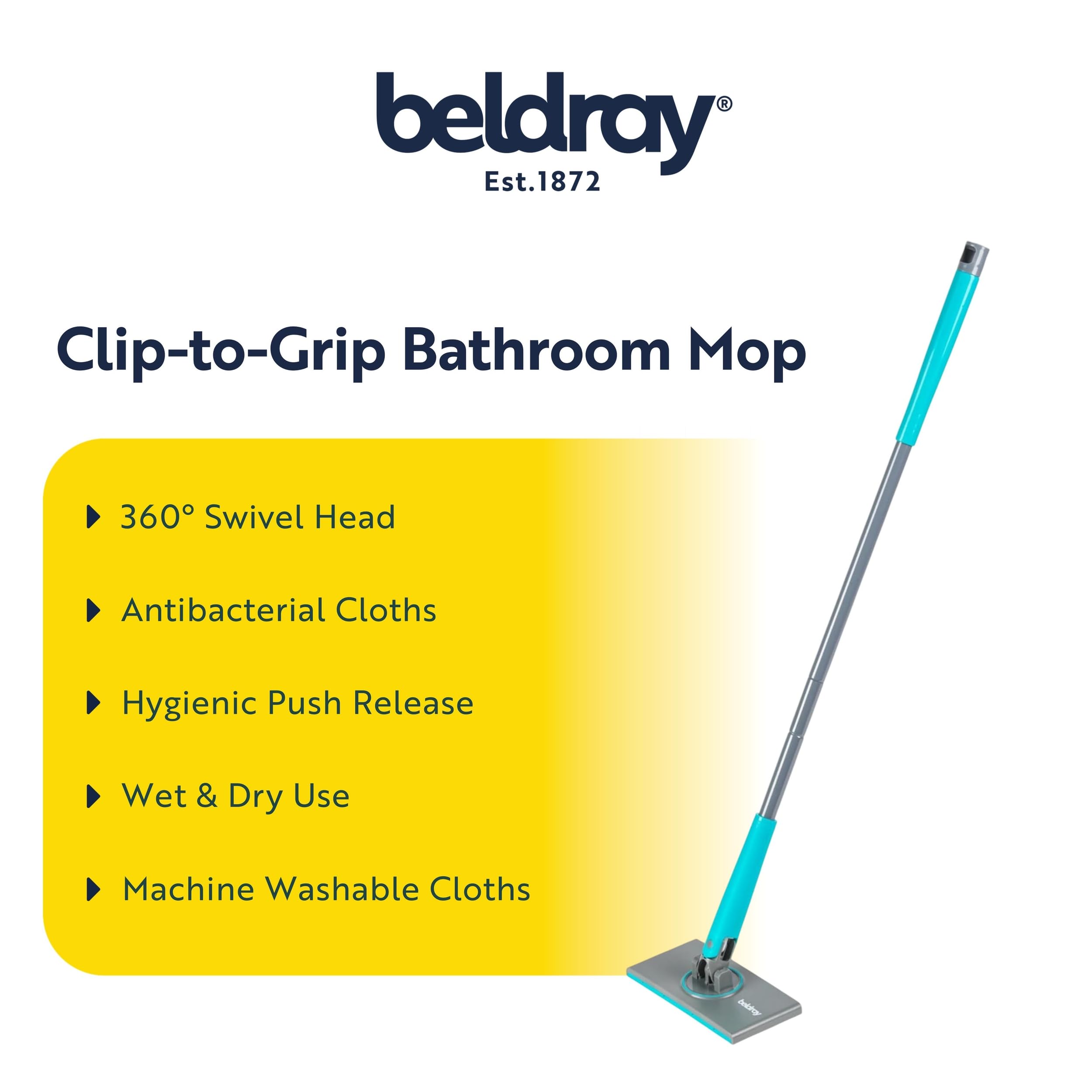 Beldray Anti-Bac Clip-to-Grip Bathroom Mop - Large Mop Head, 360° Handle, Includes 4 Cloths