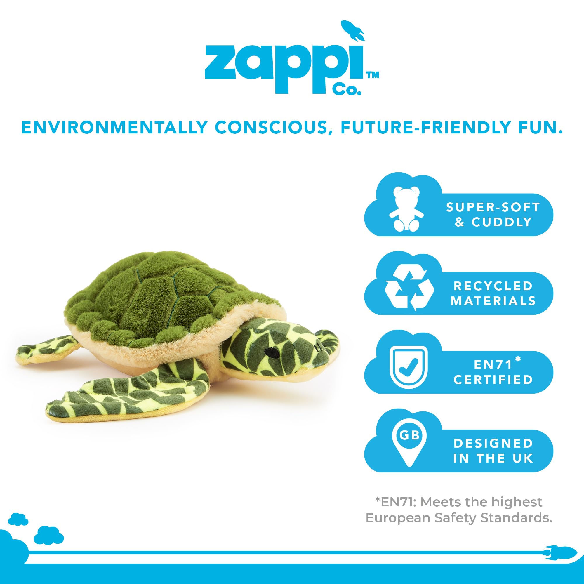 Zappi Co Thomas The Turtle Plush Toy - 34 cm Wide | 100% Recycled Fill | Washable 3