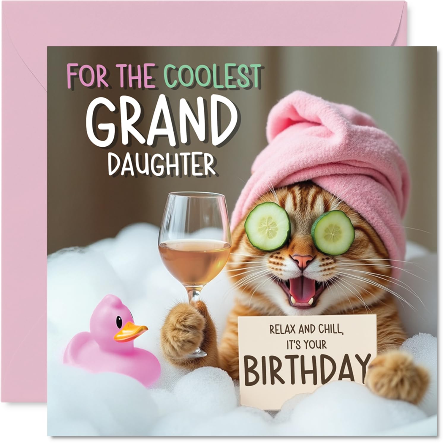 Stuff4 Funny Granddaughter Birthday Card - Relaxing Bath Cat Design | 145mm x 145mm 1