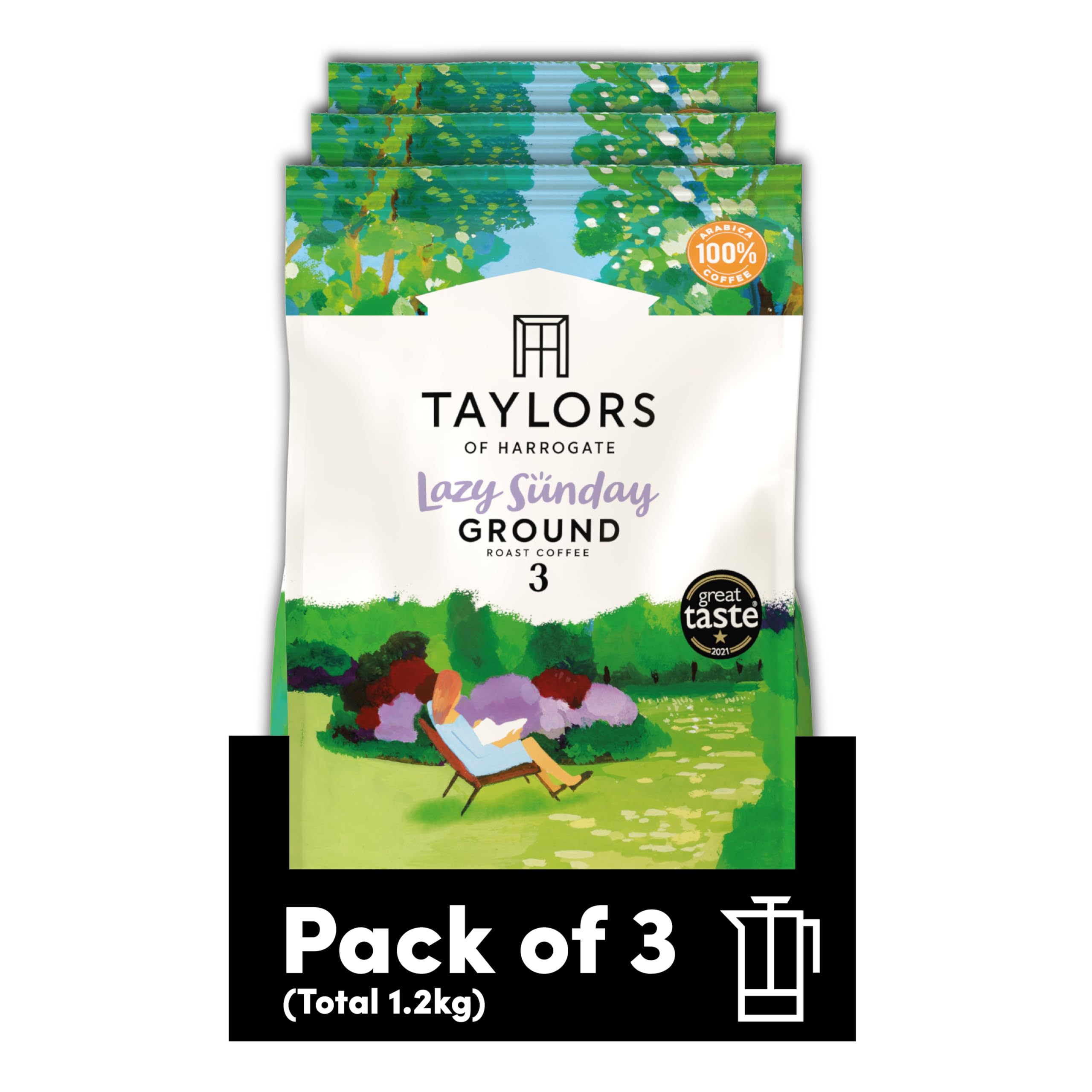 Taylors of Harrogate Lazy Sunday Ground Coffee - Smooth Milk Chocolate & Citrus Notes | 400g Pack of 3 1