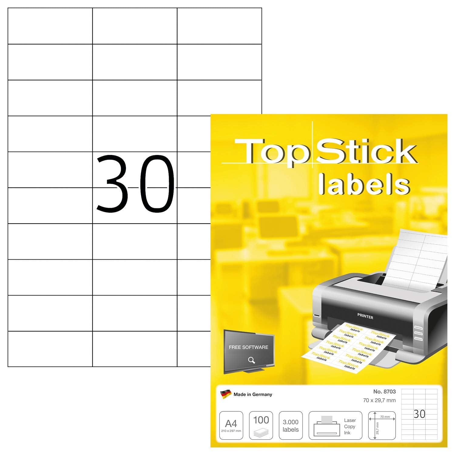 TopStick 8703 Multi-Purpose Printer Labels - 70 x 29.7 mm, White, 3000 Labels (100 Sheets) 1