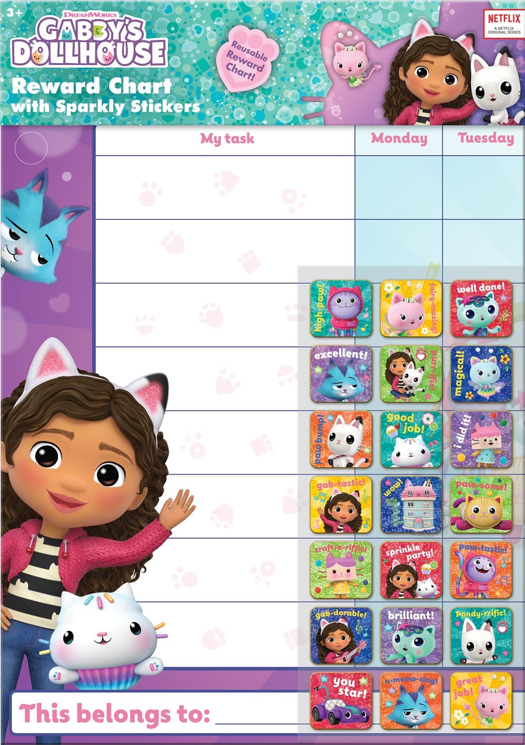 Gabby's Dollhouse Everyday Reward Chart with 56 Sparkly Stickers - Educational Behaviour Reward for Kids 1