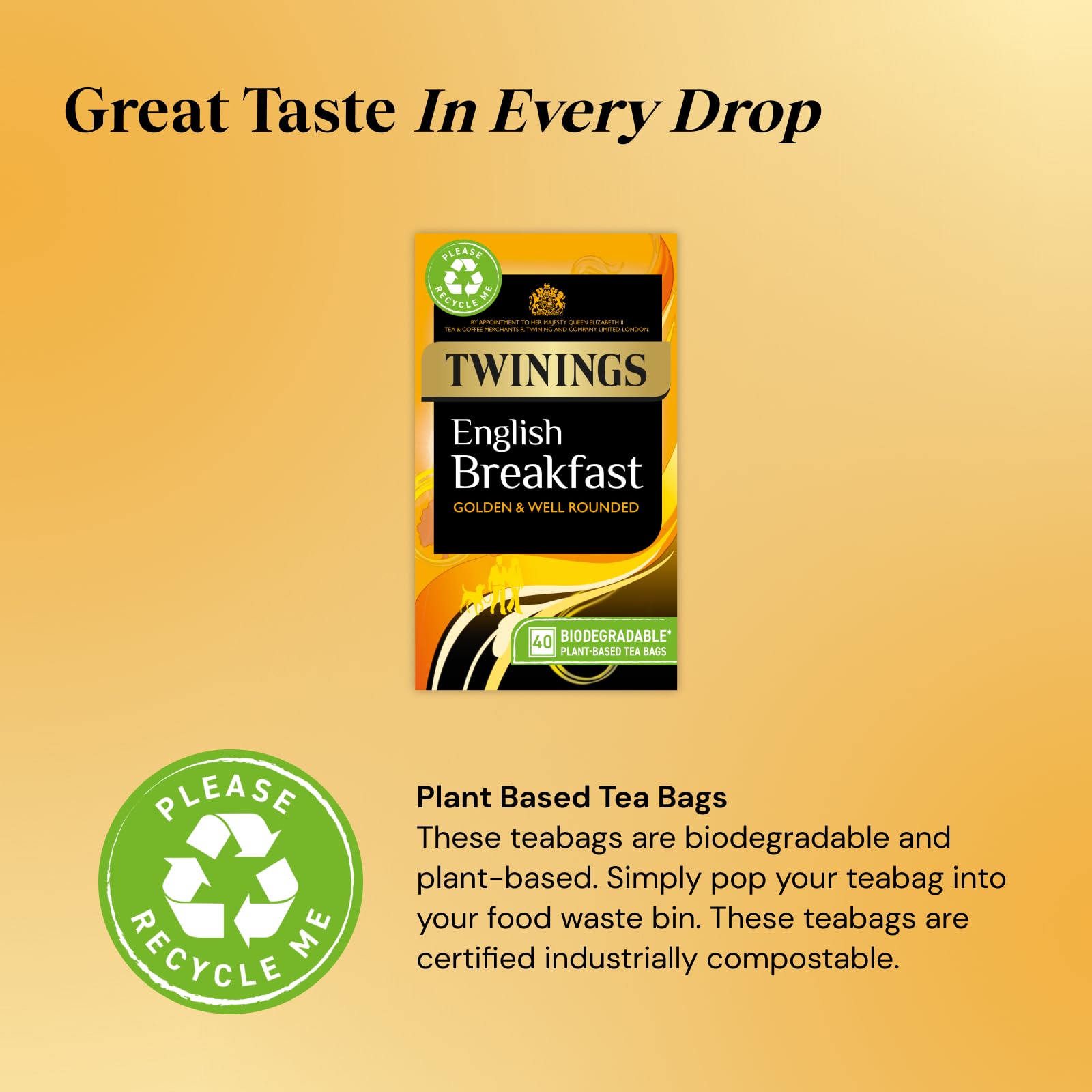 Twinings English Breakfast Black Tea - Golden & Well Rounded | 40 Biodegradable Teabags | 100g