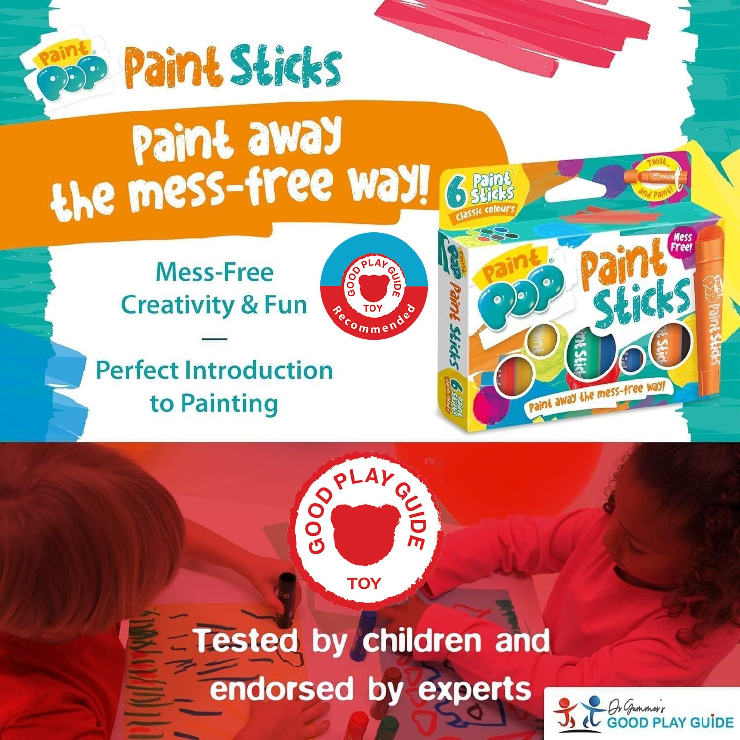 Paint Pop Paint Sticks for Kids - 6 Pack Classic Assorted Colours | Twist & Paint | Fast Drying 2