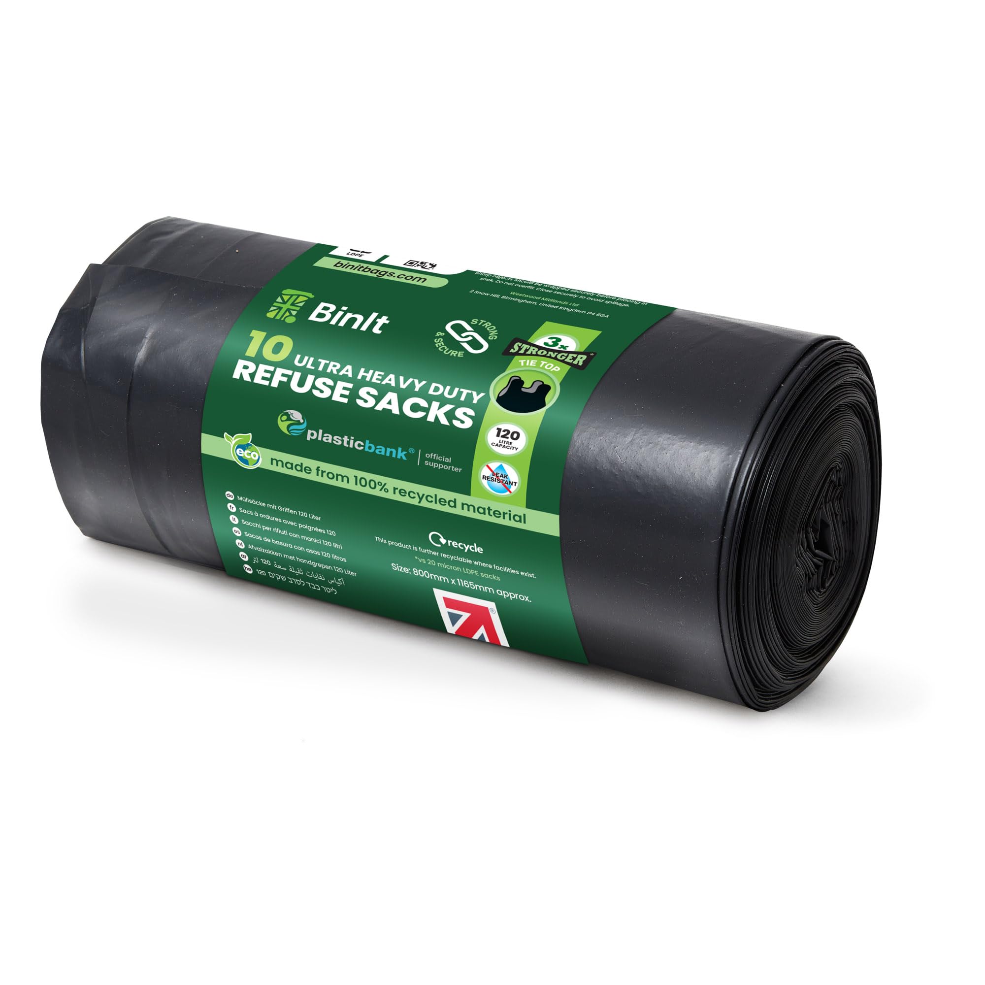 BIN IT Ultra Heavy Duty Tie Top Bin Liners - 120 Litre XL, 60 μm, 80kg Lift Tested (10 Count) 1